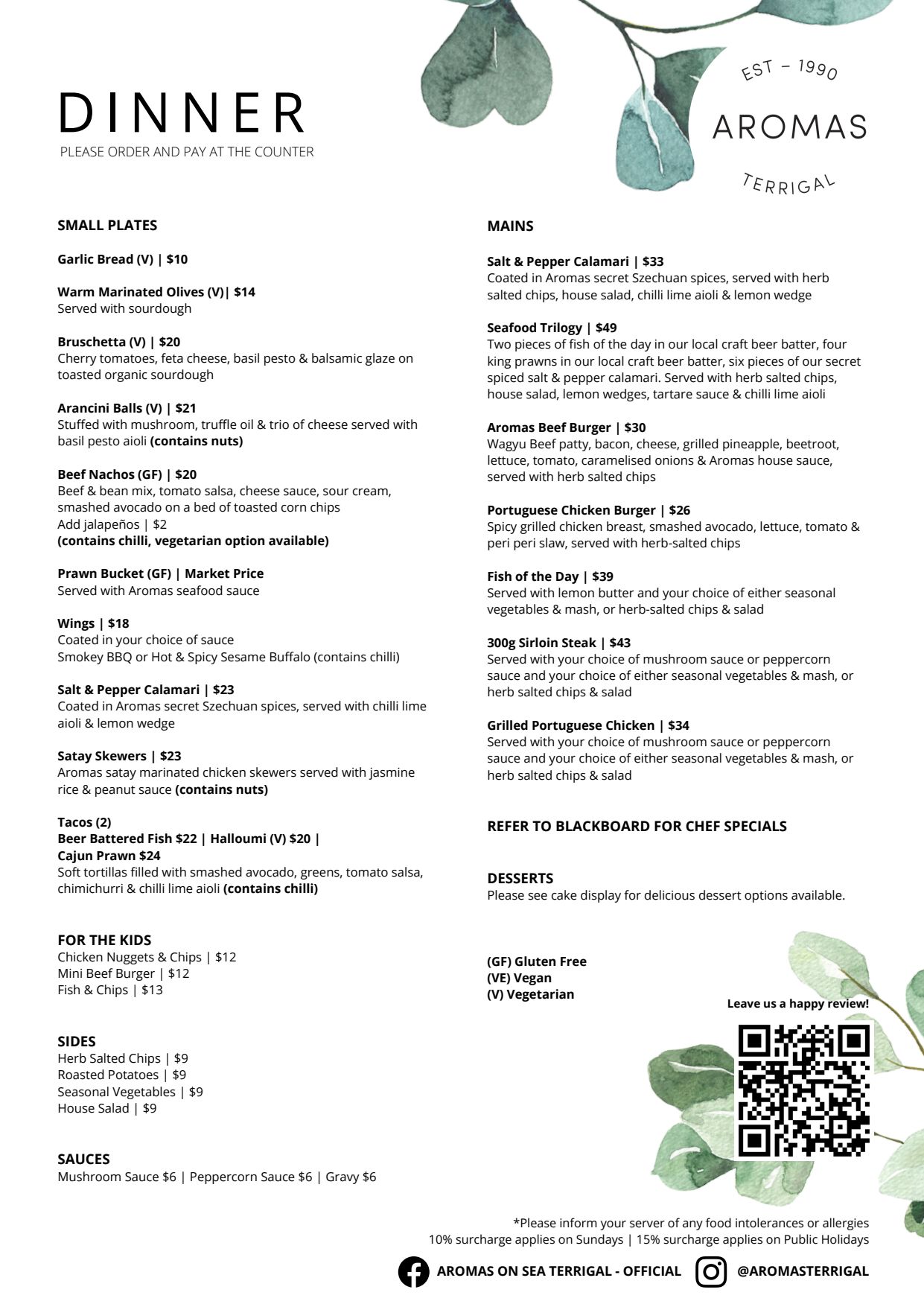 Menus 2024 Aromas On Sea in Terrigal TheFork