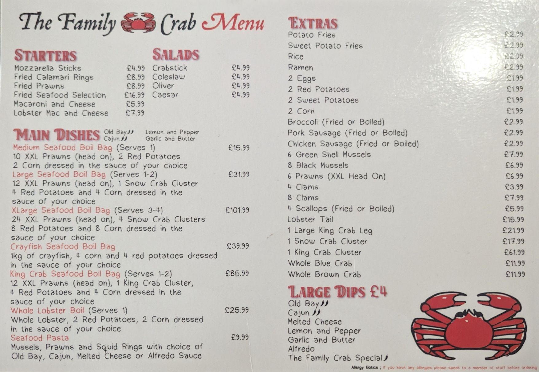 Crabs menu deals