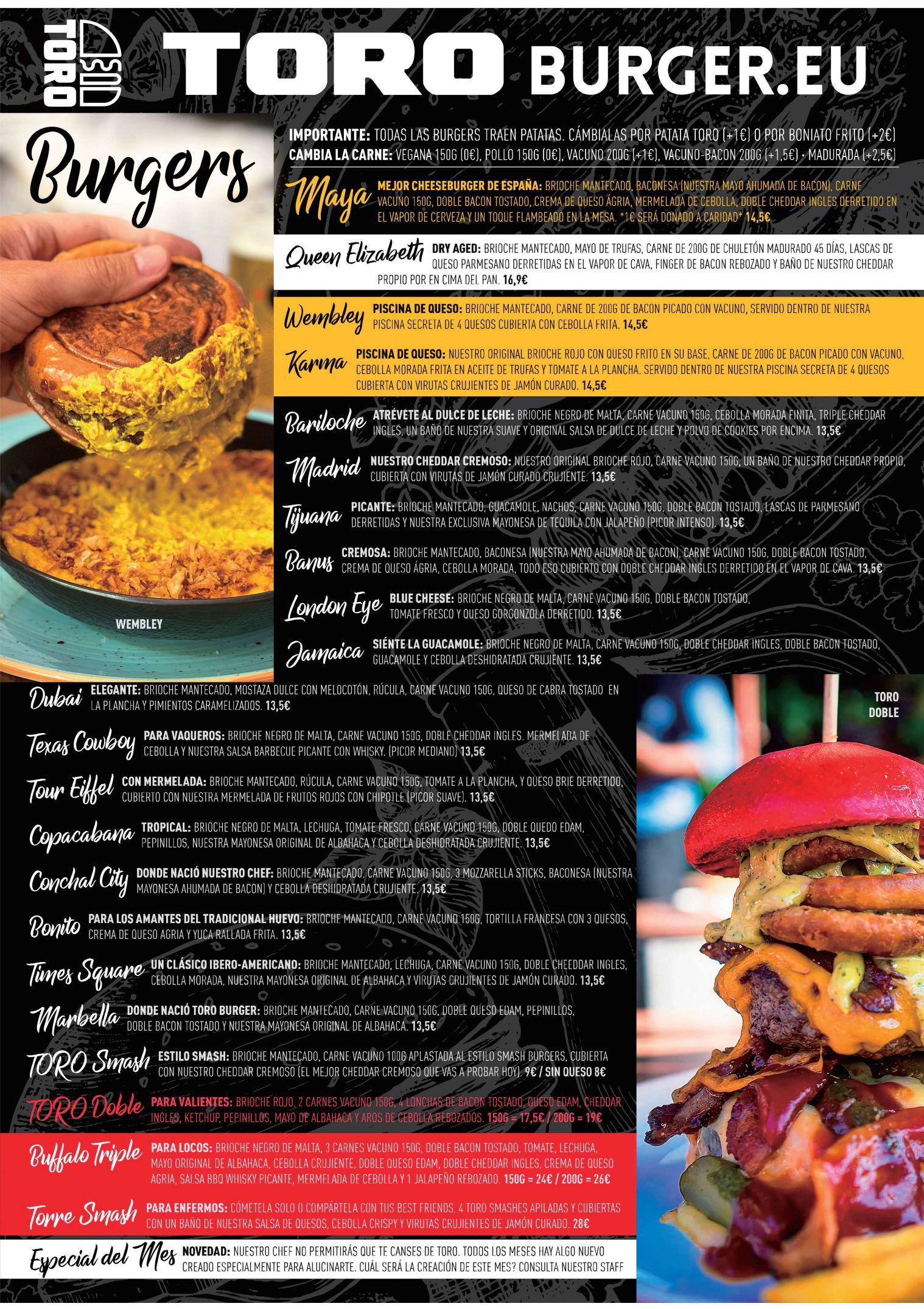 Toro cheap burger menu
