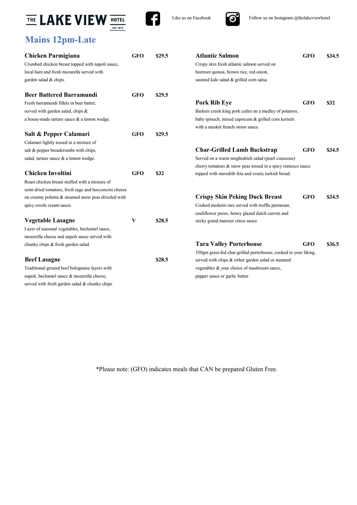 Lake cheap view menu