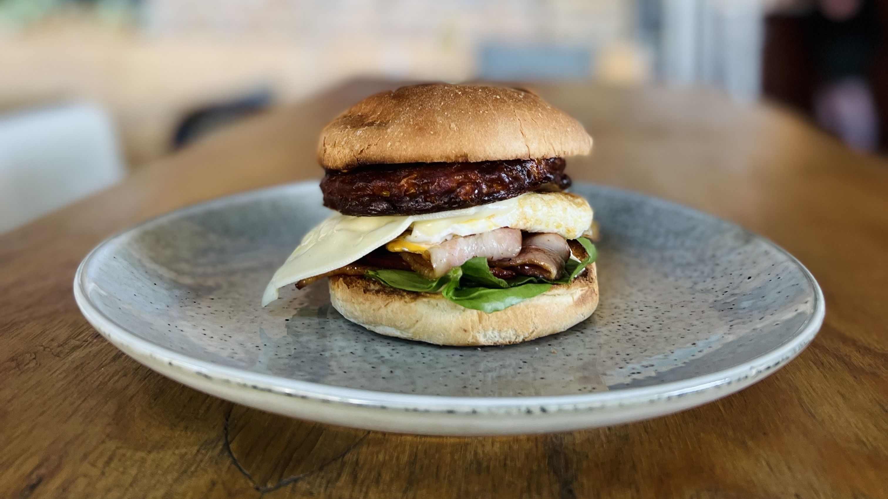 Bada Brekky Burger - Egg Bacon and Corn Fritter  - Aji Cafe Bar Kitchen, Teneriffe (QLD)