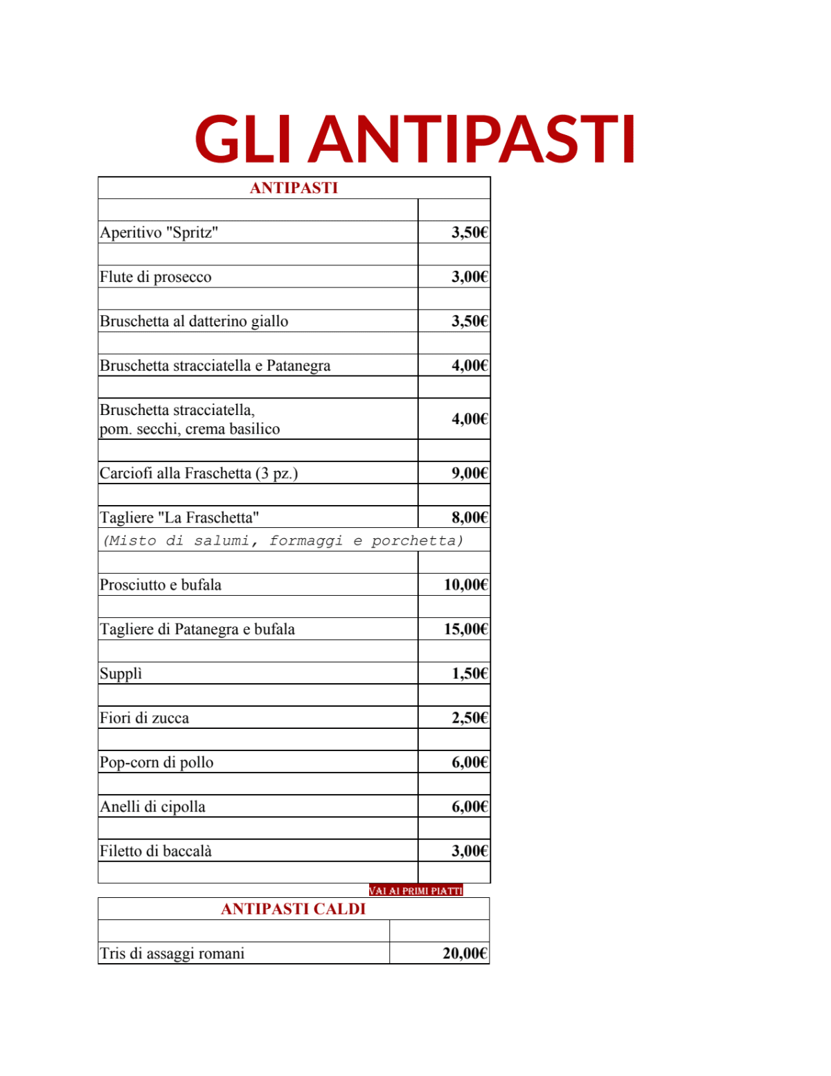 Trattoria La Fraschetta menu