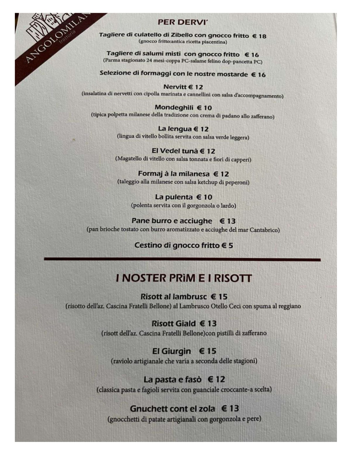 Angolo Milano menu