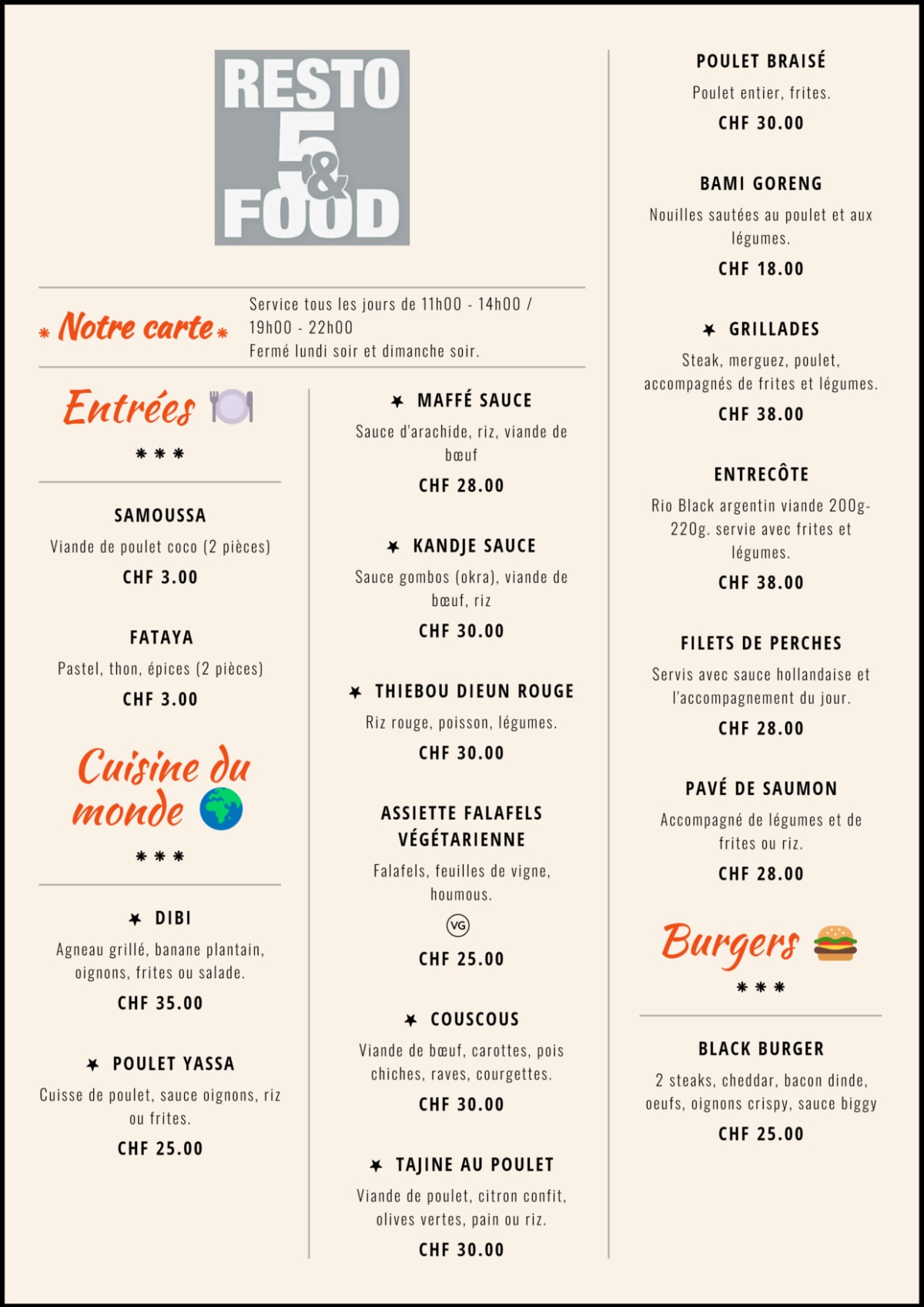 Resto 5& Food menu