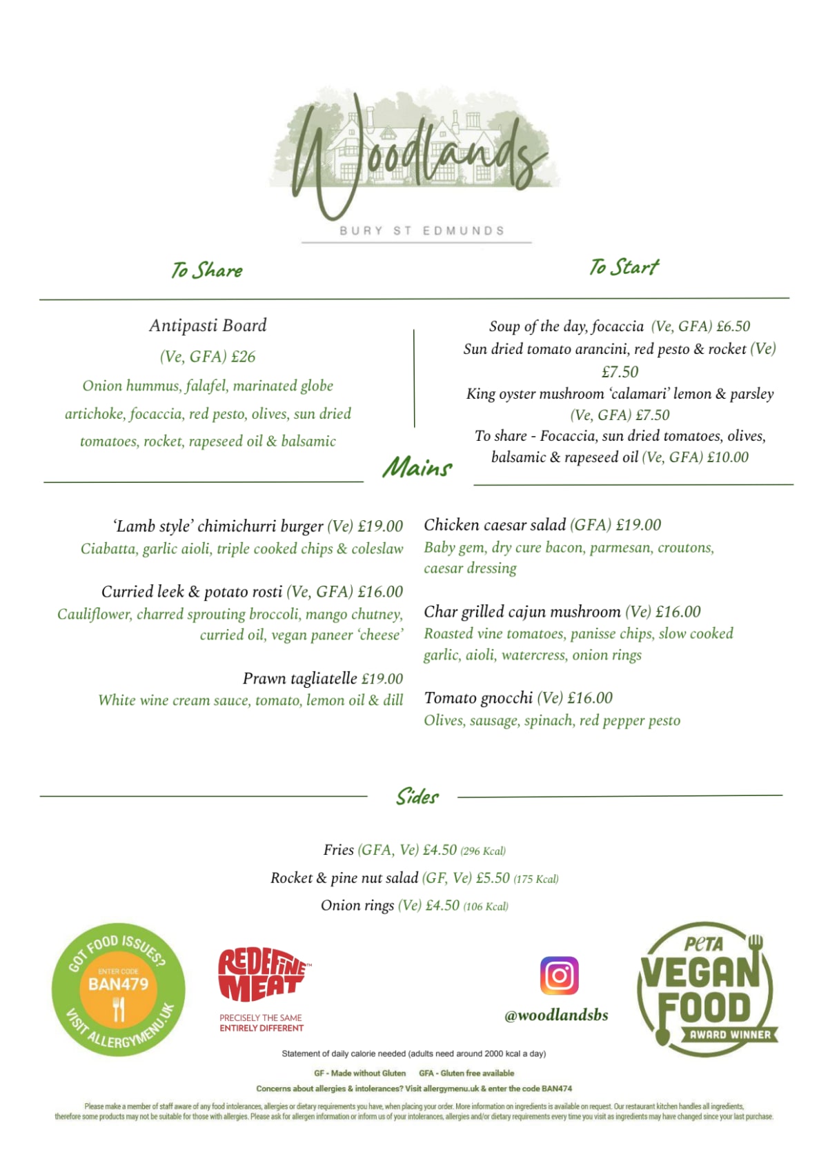 Menu 2024 Woodlands Restaurant em Bury Saint Edmunds TheFork