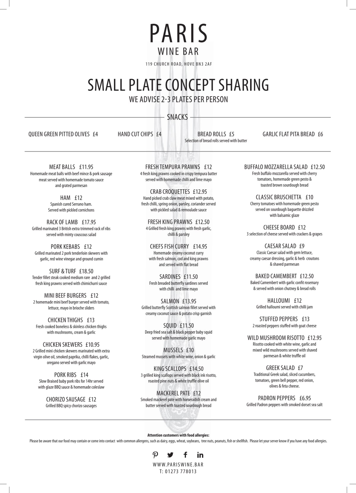 Menù completo e carta 2024 Paris Wine Bar a Hove TheFork