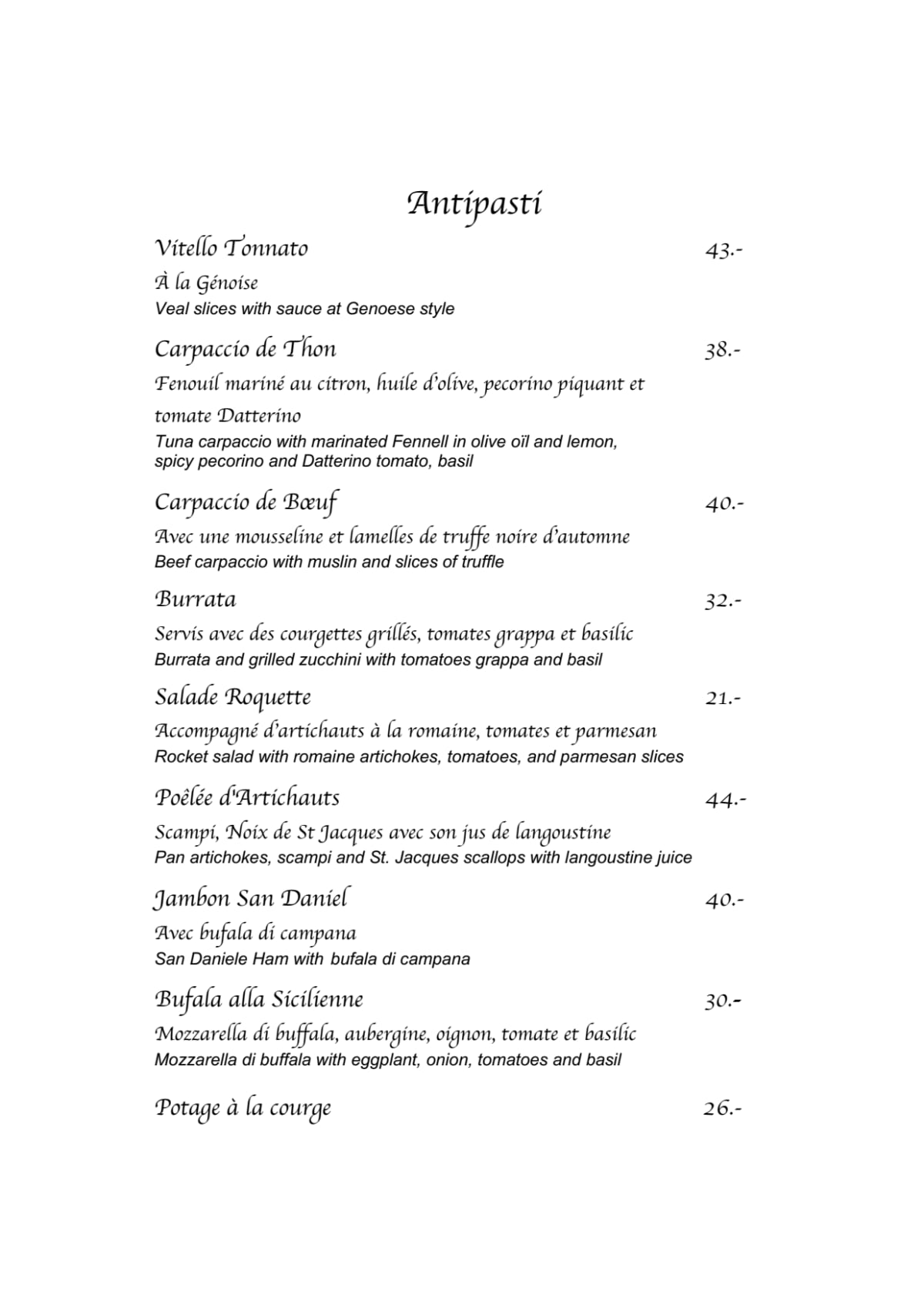 La Finestra menu