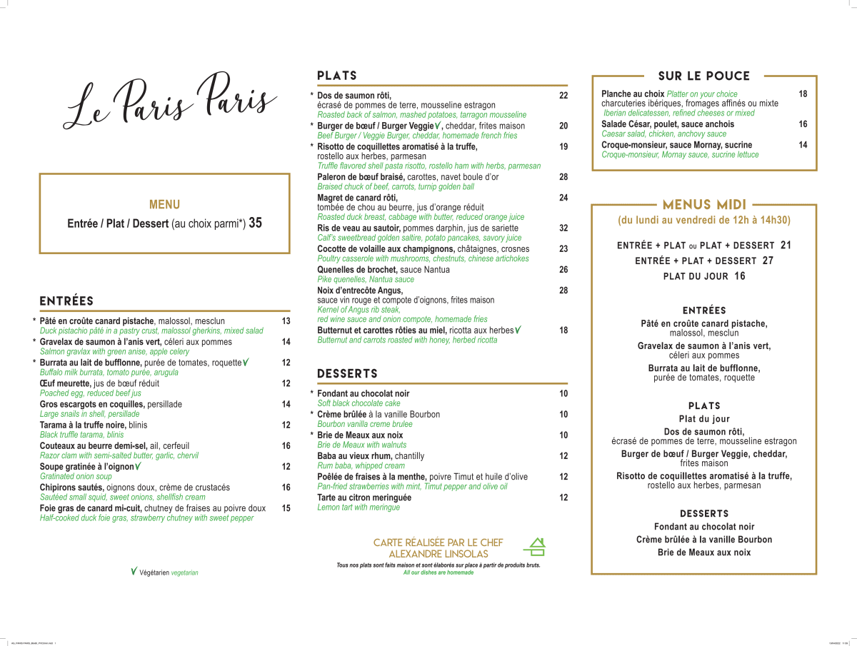 Le Paris Paris menu