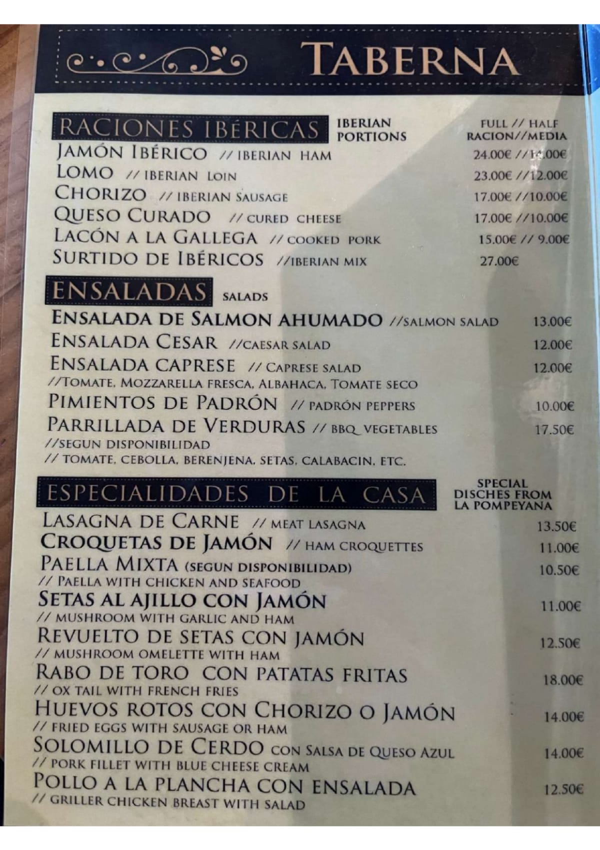 Taberna Pompeyana menu