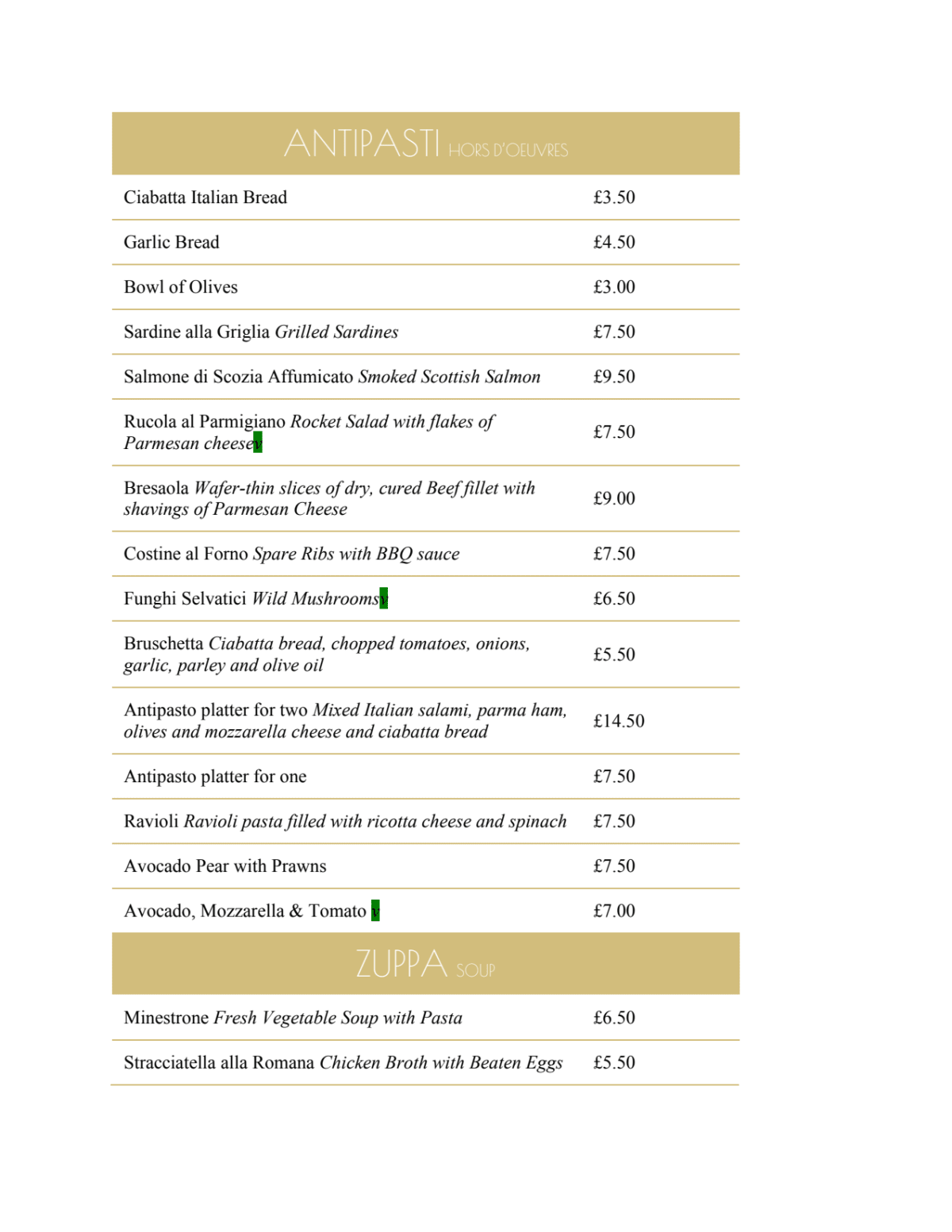 Carte et Menus 2024 Paolo's Italian Ristorante à Londres TheFork