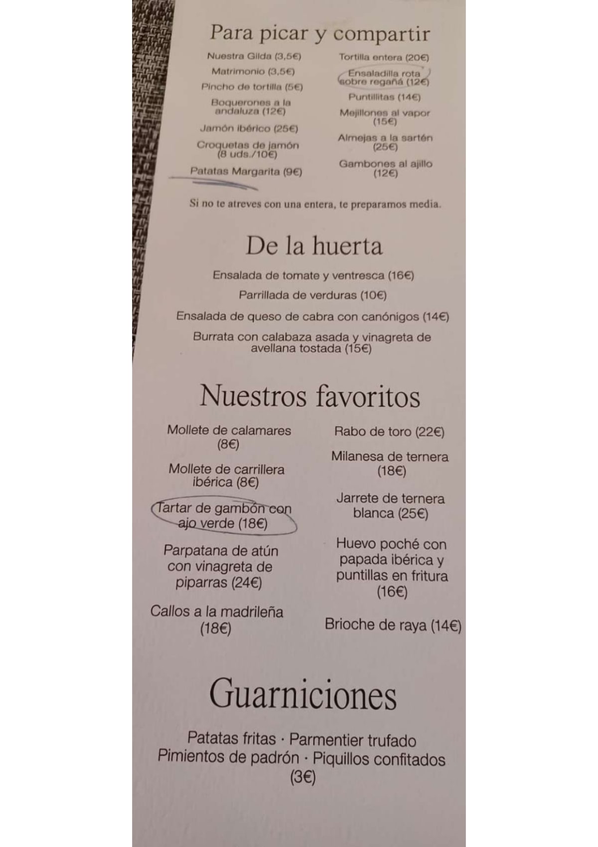 Las Margaritas - Casa De Comidas menu