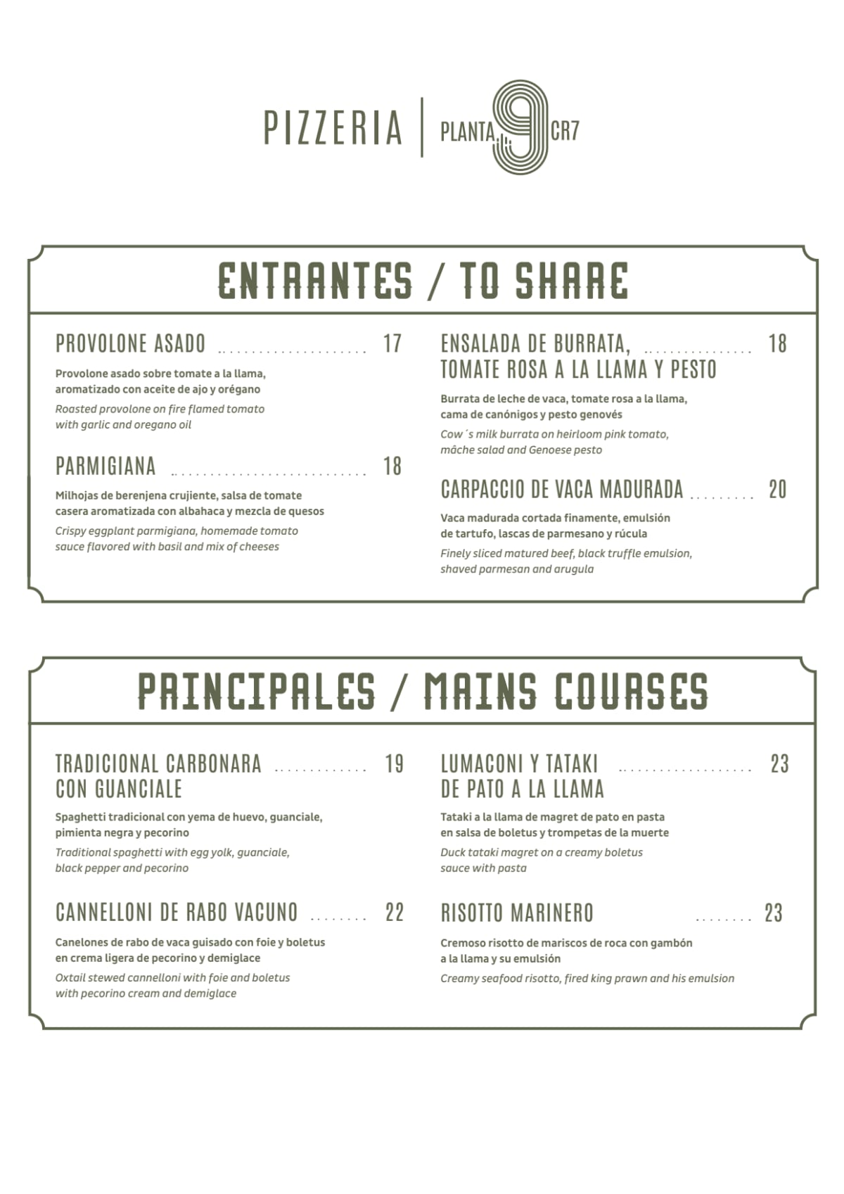 Pizzeria Planta 9 CR7 menu