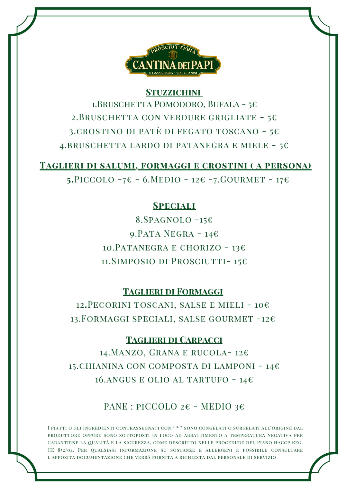 Carte et Menus 2024 - Prosciutteria Cantina dei Papi - Trastevere à ...