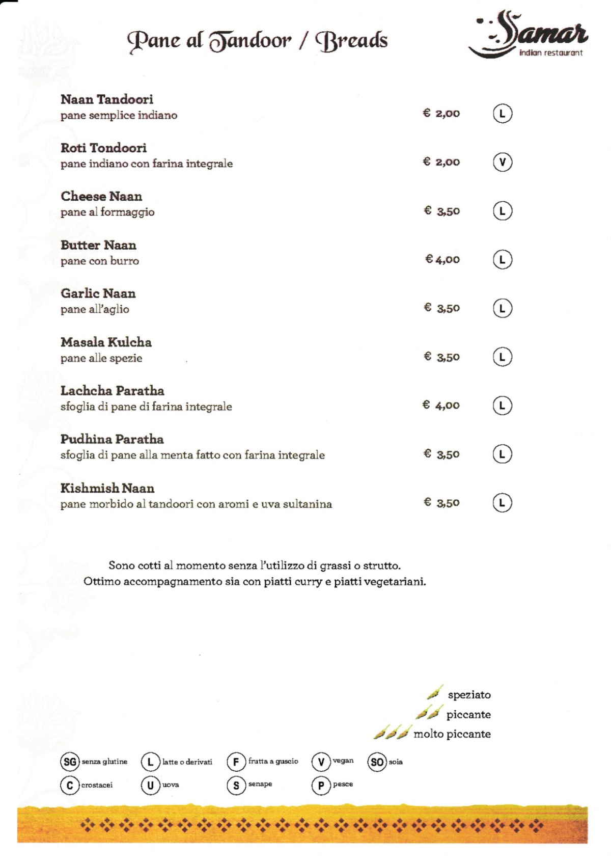 Samar Indian Restaurant menu