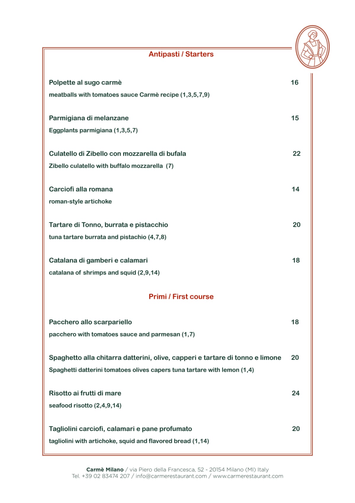 Carmè Restaurant menu