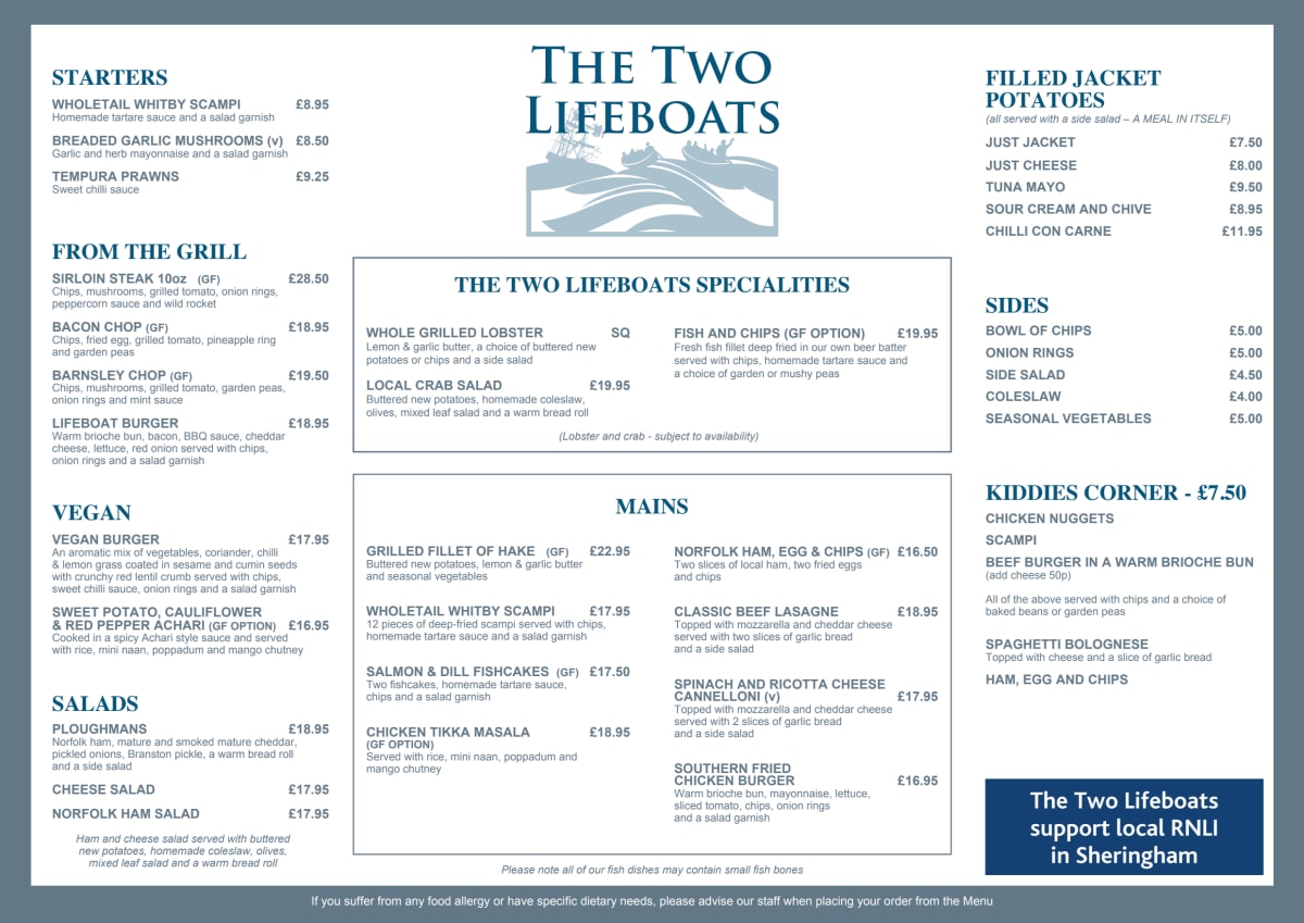 Carte et Menus 2024 The Two Lifeboats à Sheringham TheFork