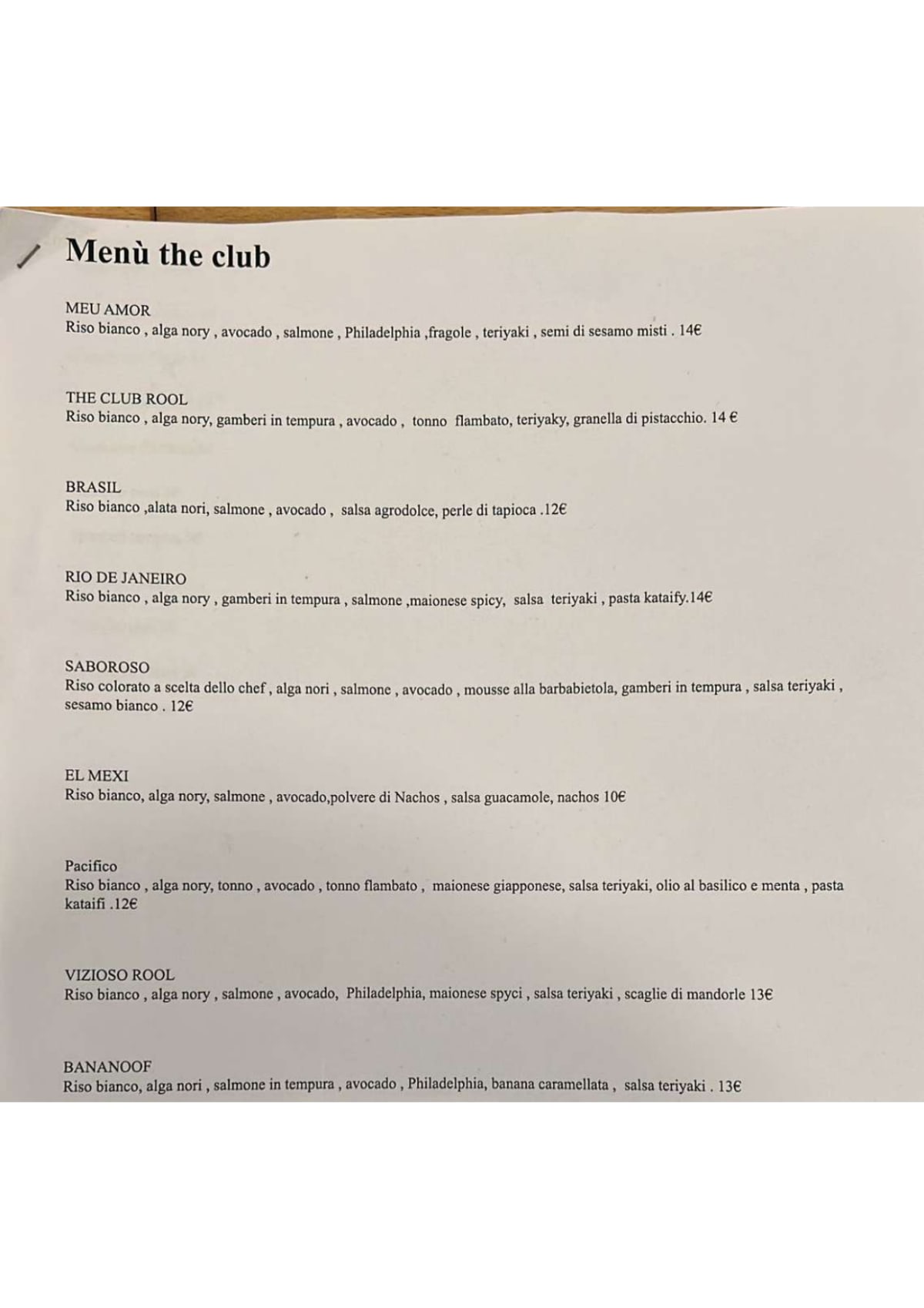 The Club Sushi menu