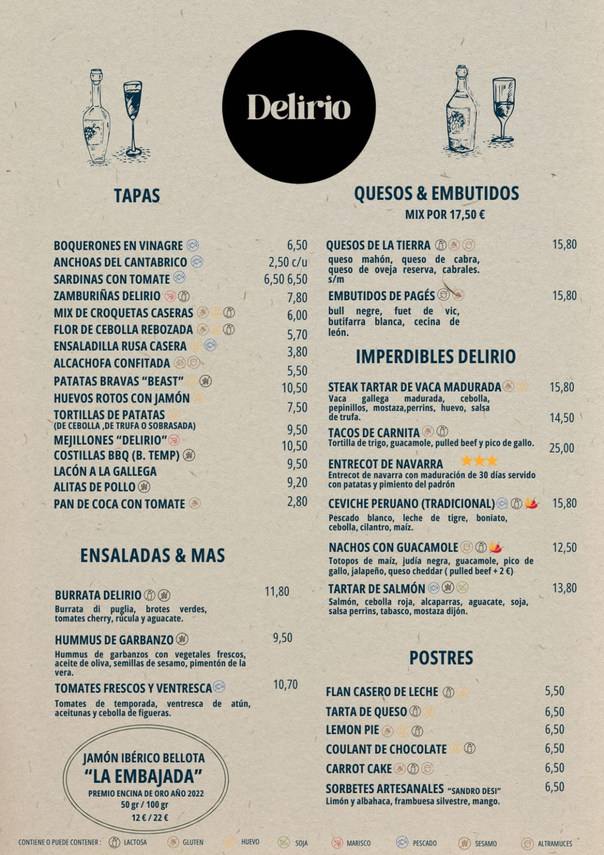 Delirio Barcelona menu