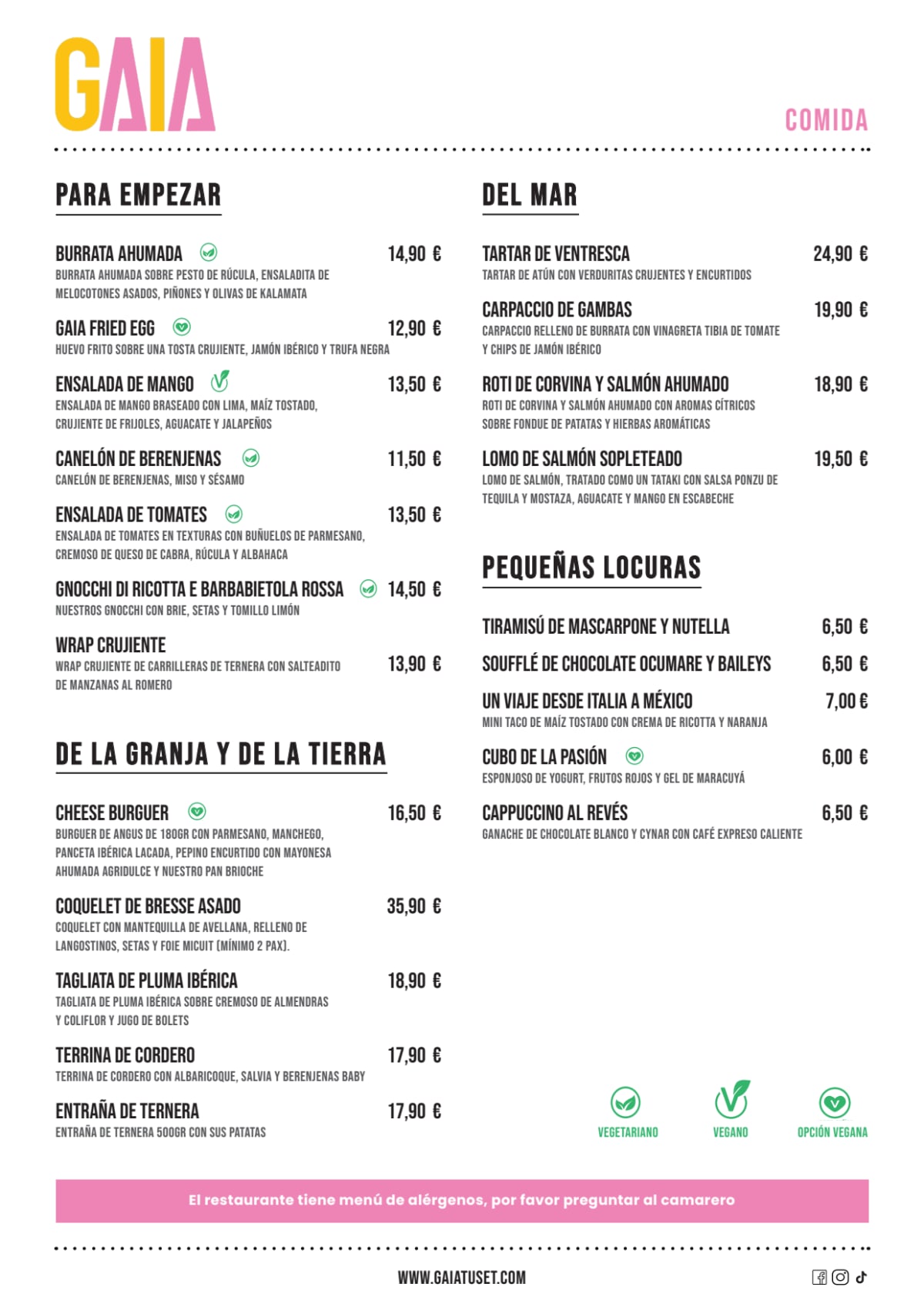 Gaia Tuset menu