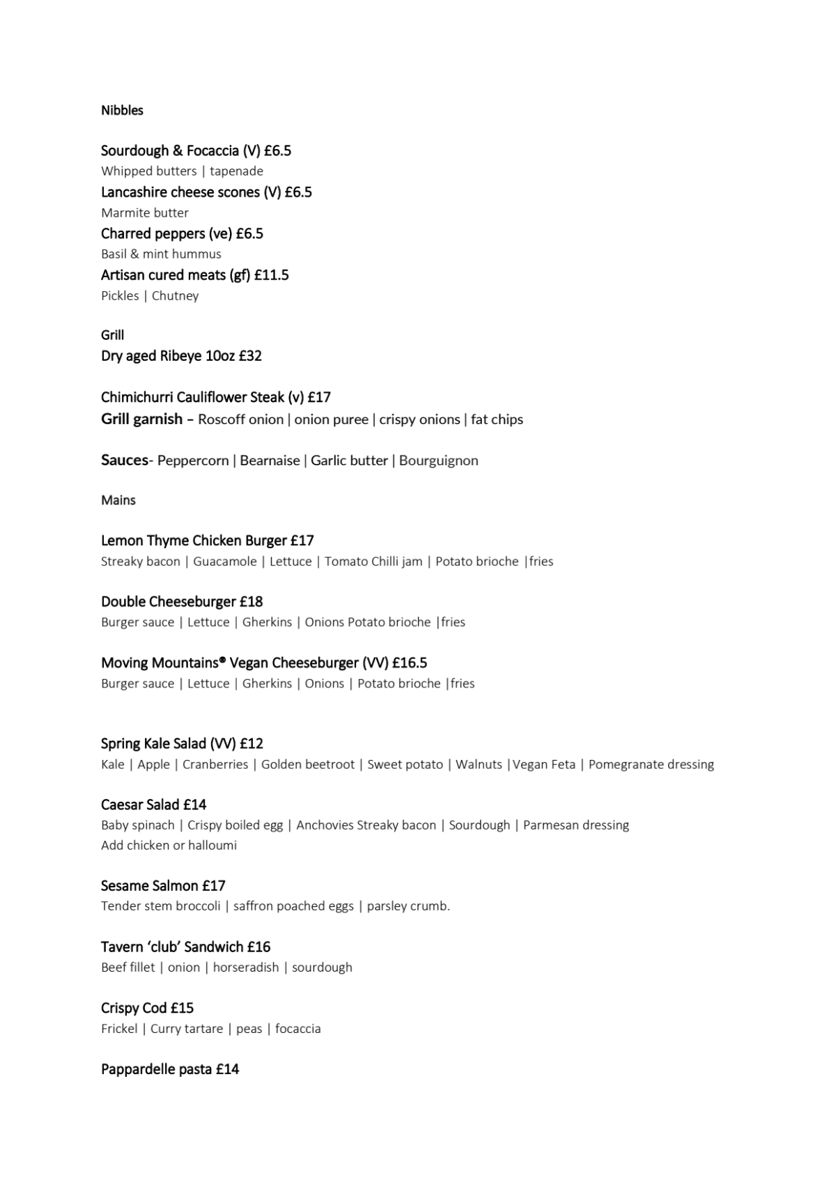 Carte et Menus 2024 The Tavern at King Street Townhouse à Manchester