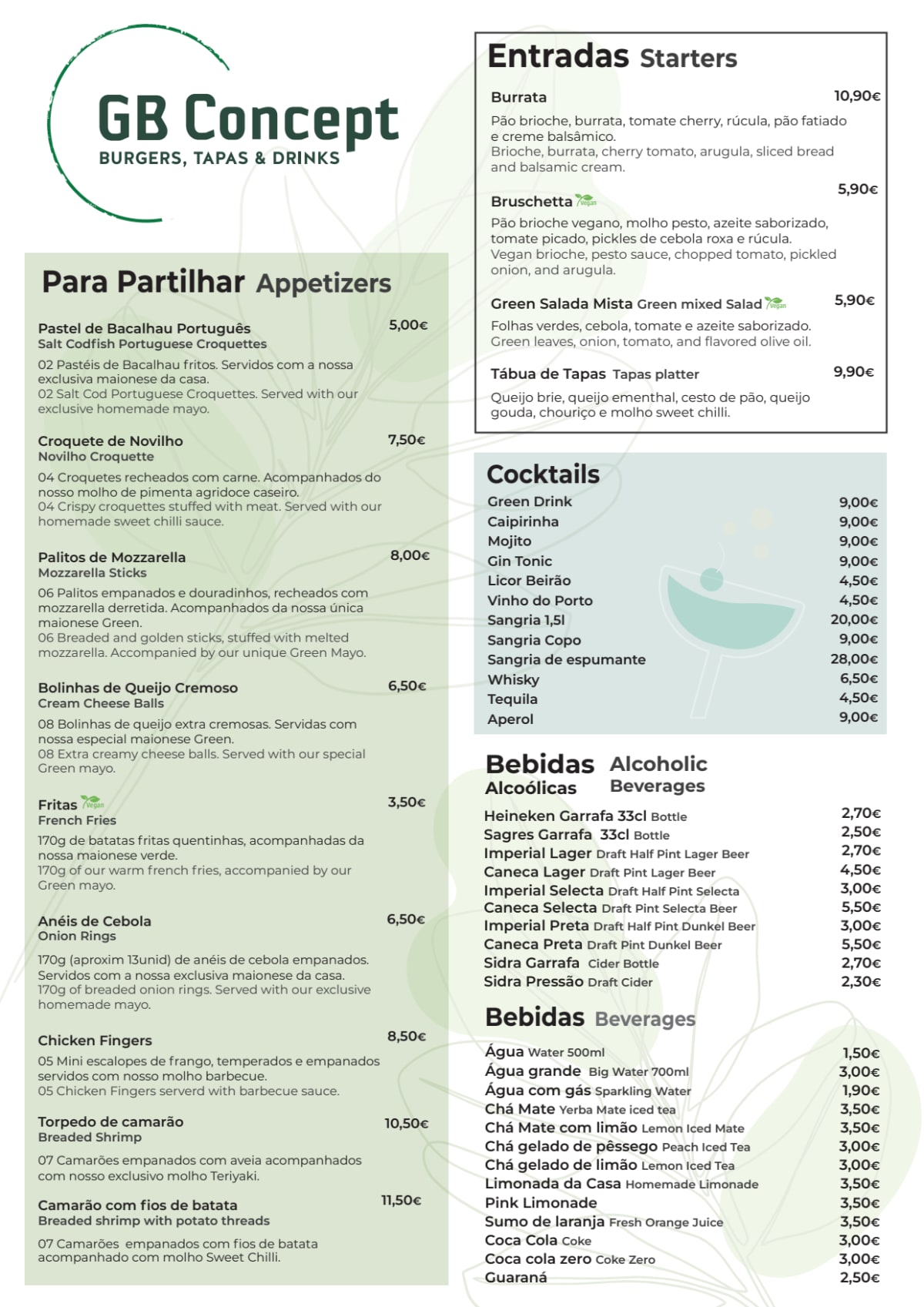 Green Burger menu