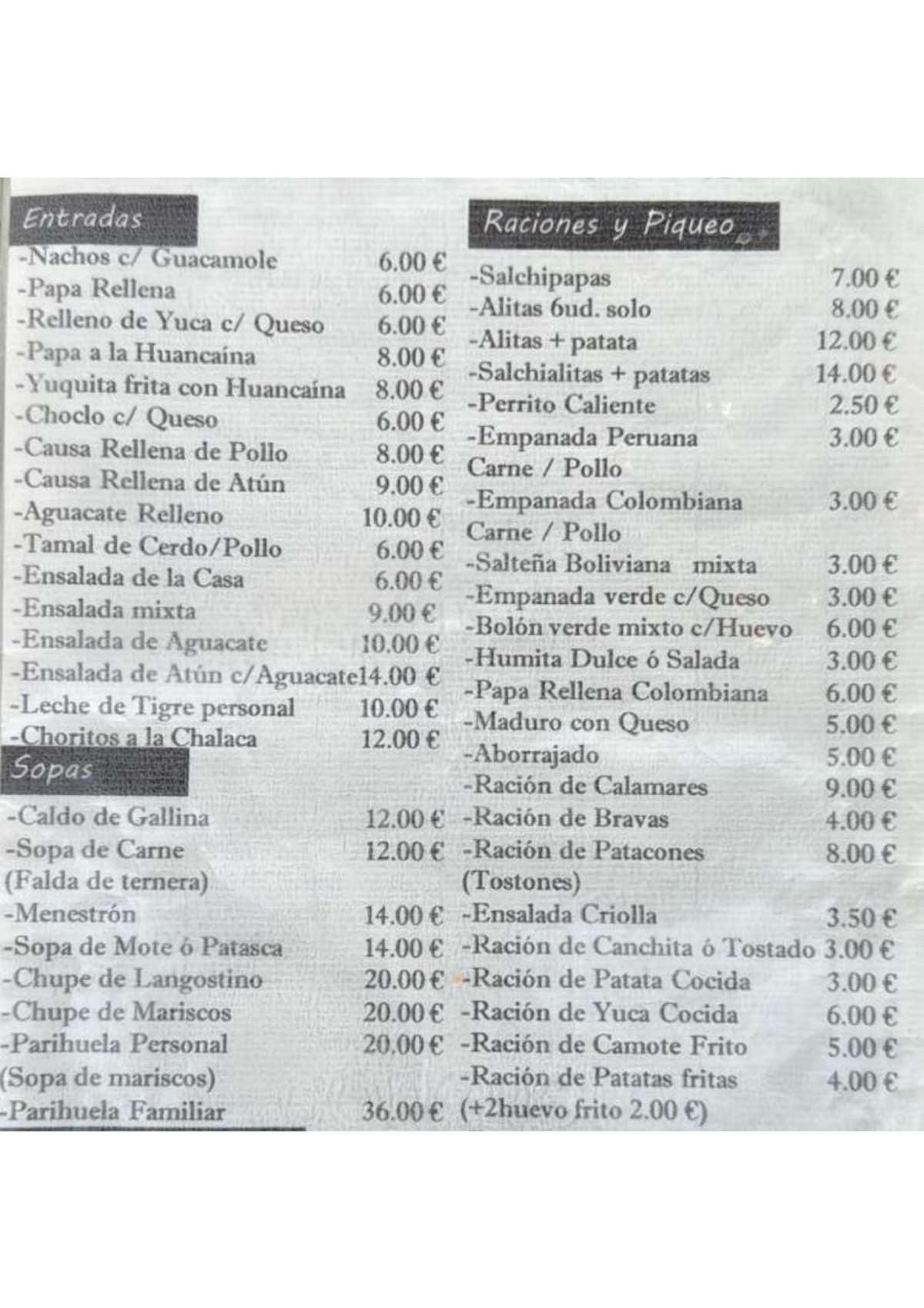 Taberna Peruana menu