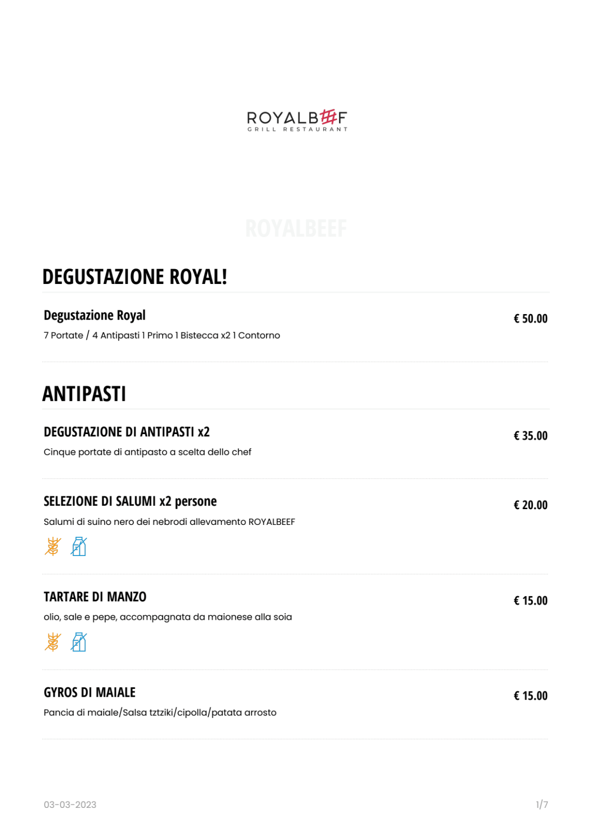 RoyalBeef x Splendori Pizza menu