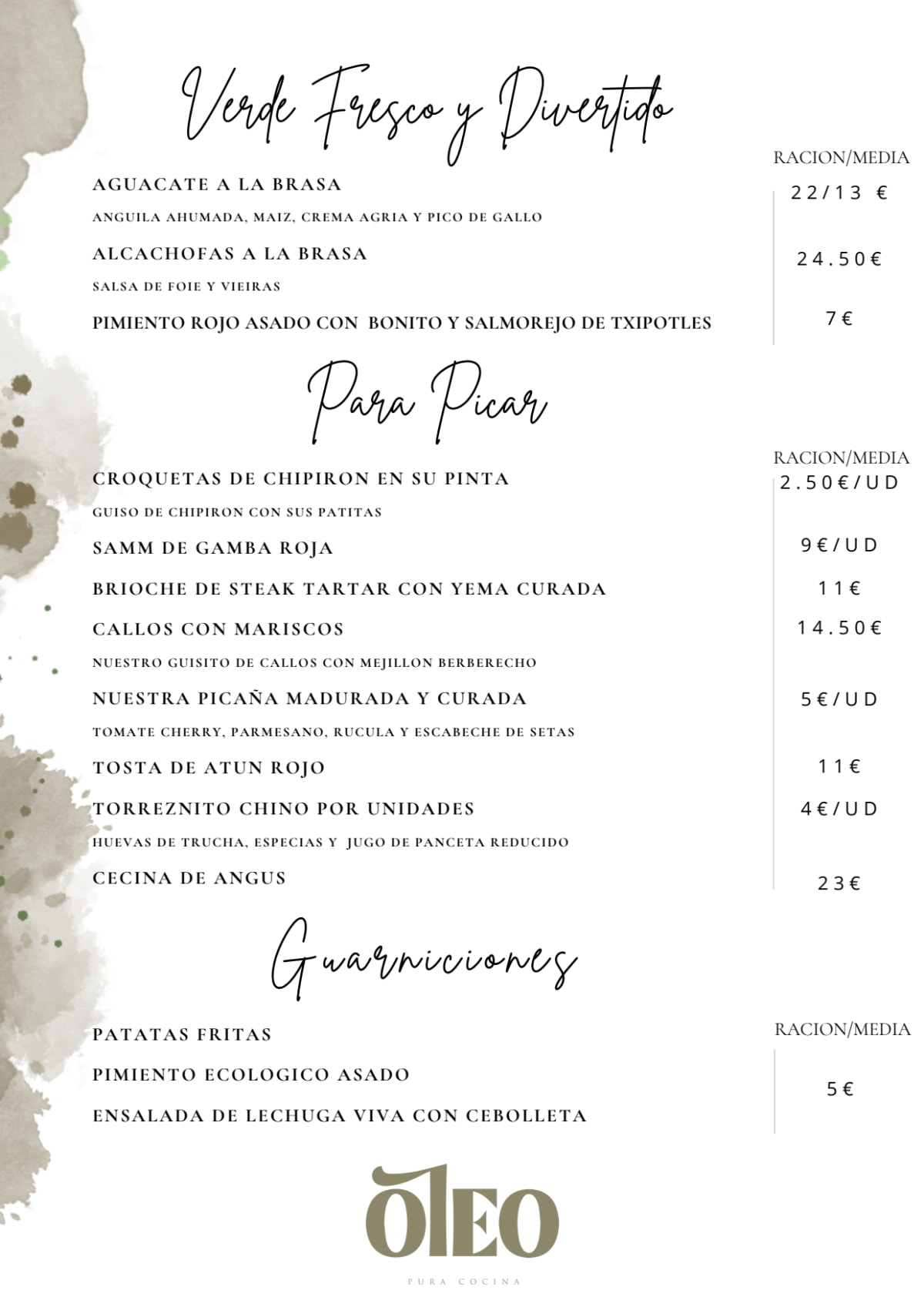 Óleo Pura Cocina menu