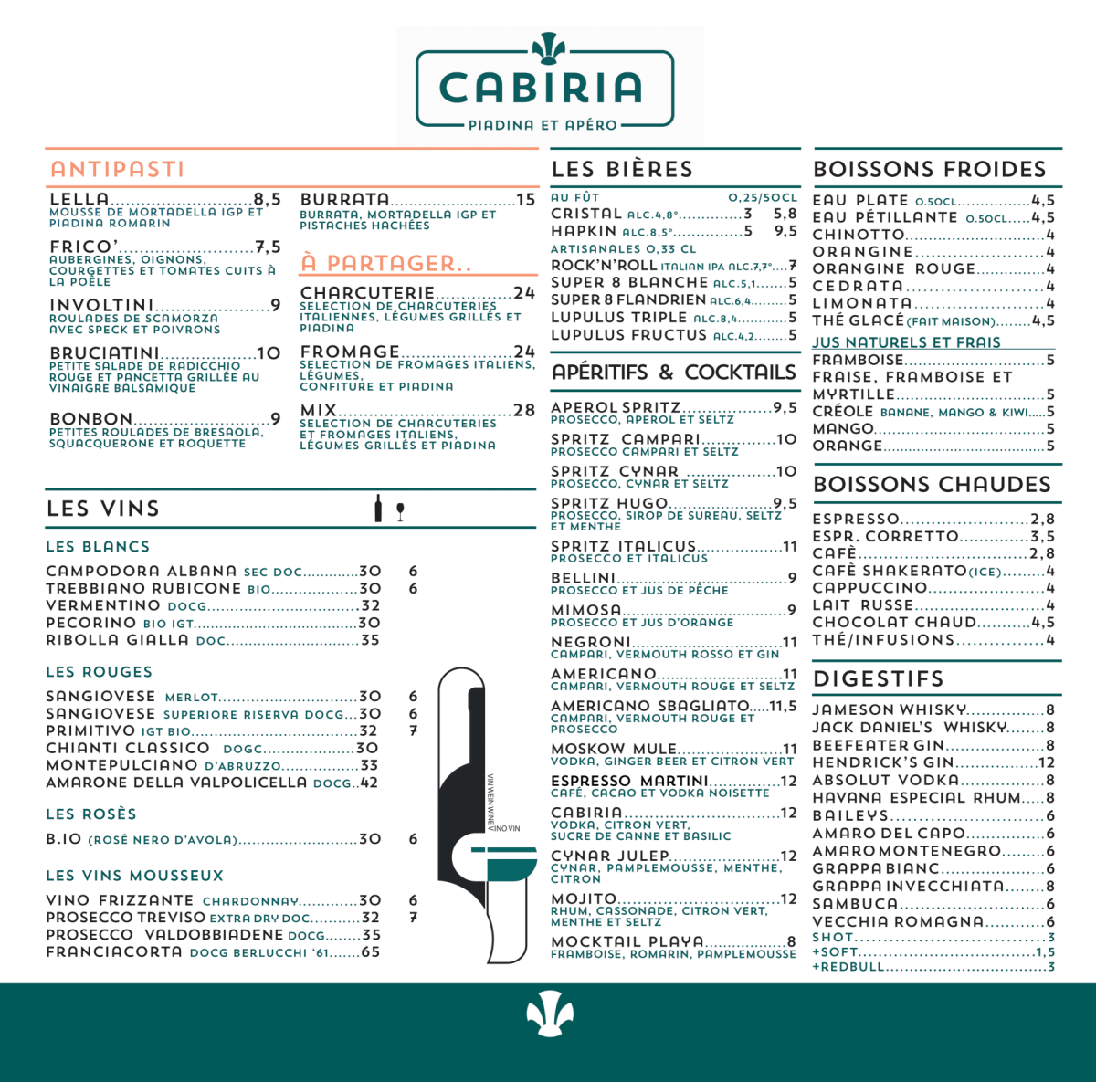 Cabiria Piadina et Apéro menu