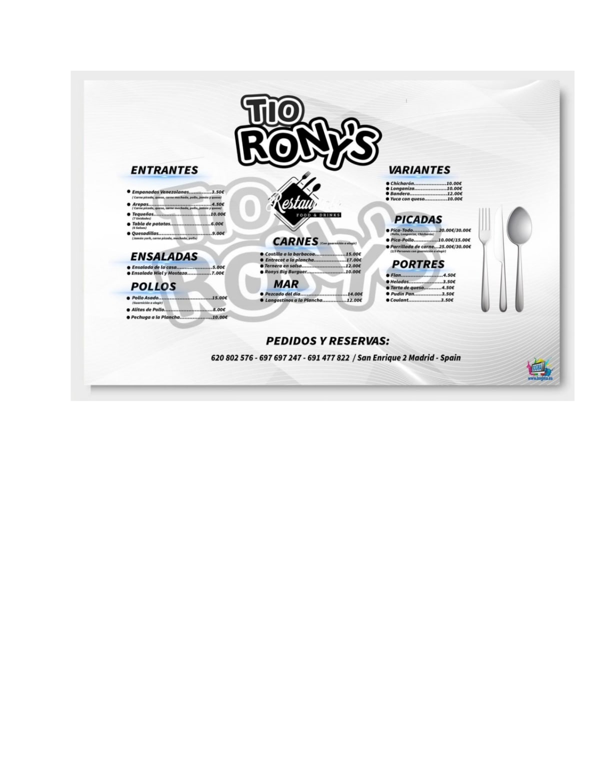 Tío Rony Internacional menu