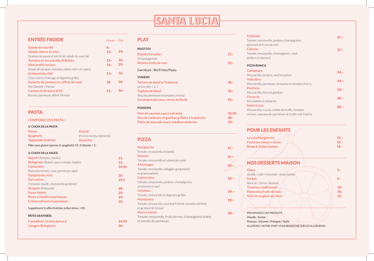 Santa Lucia menu