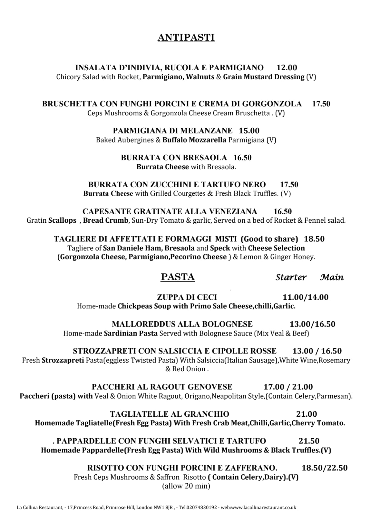 Menu 2023 - La Collina in London