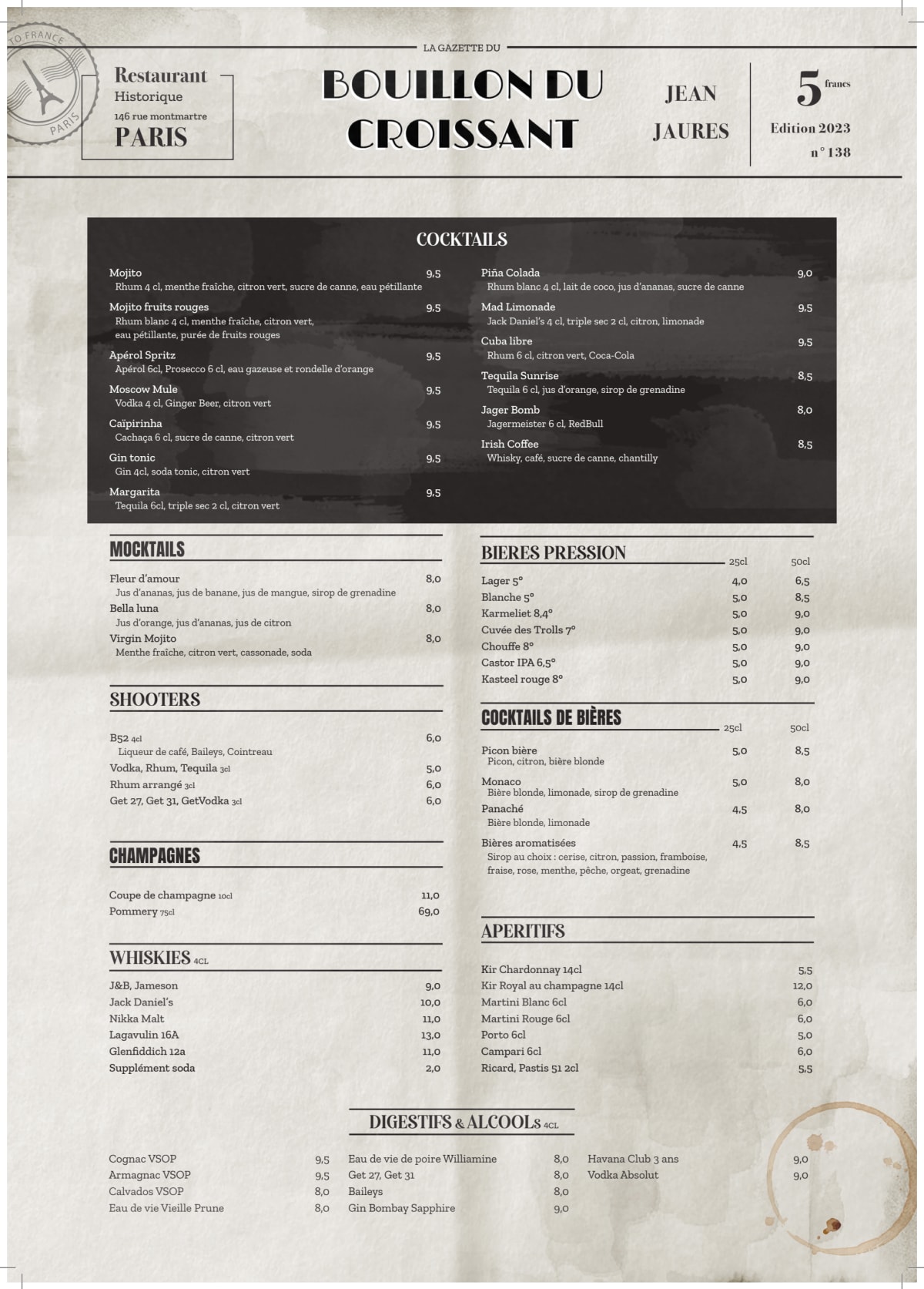 Bistrot du Croissant menu