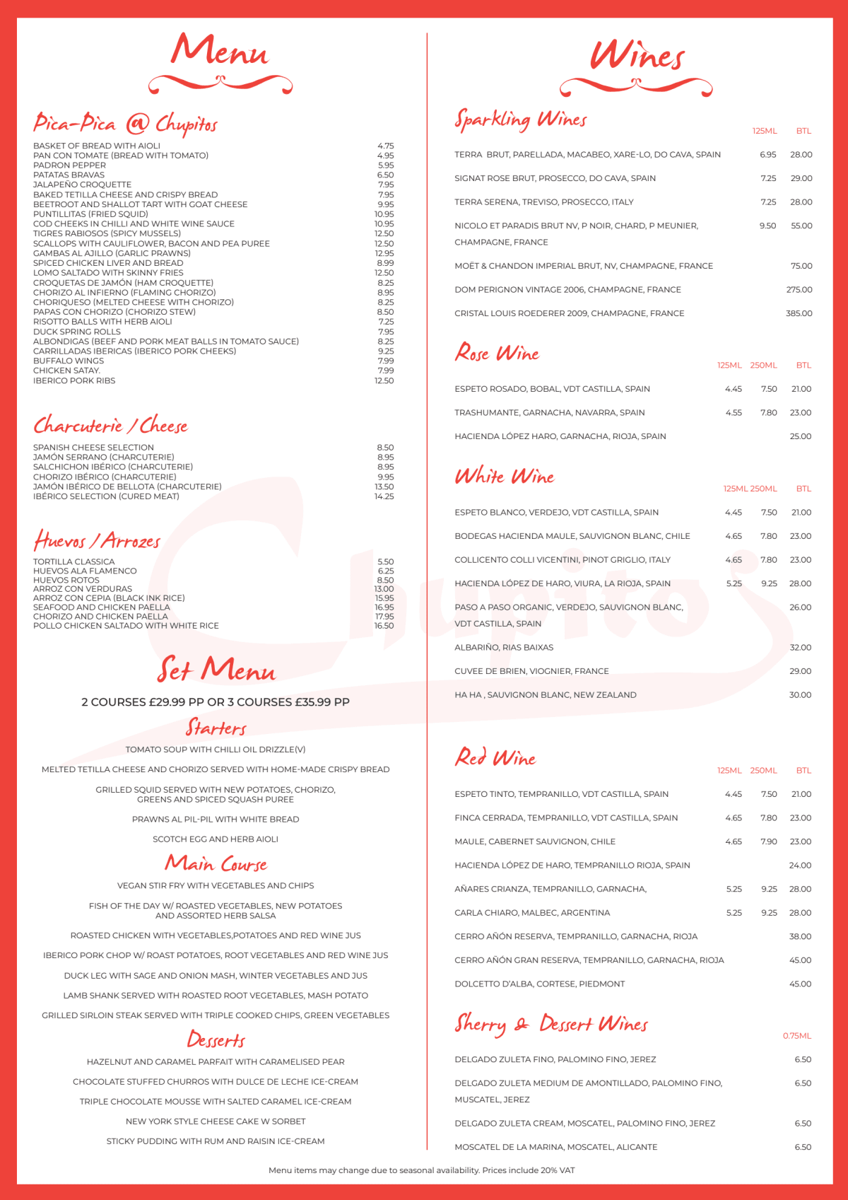 Menù completo e carta 2024 Chupitos Tapas Bar and Restaurant a