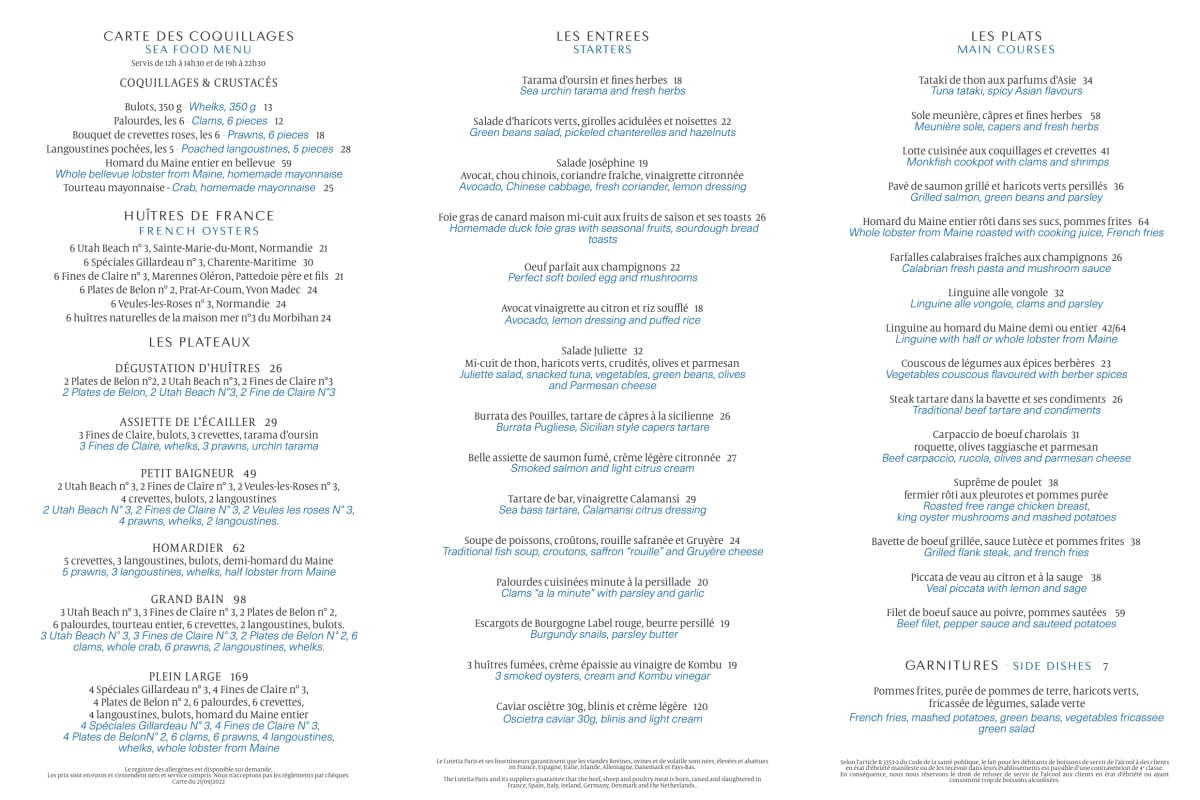 Carte et Menus 2023 Brasserie Lutetia à Paris TheFork