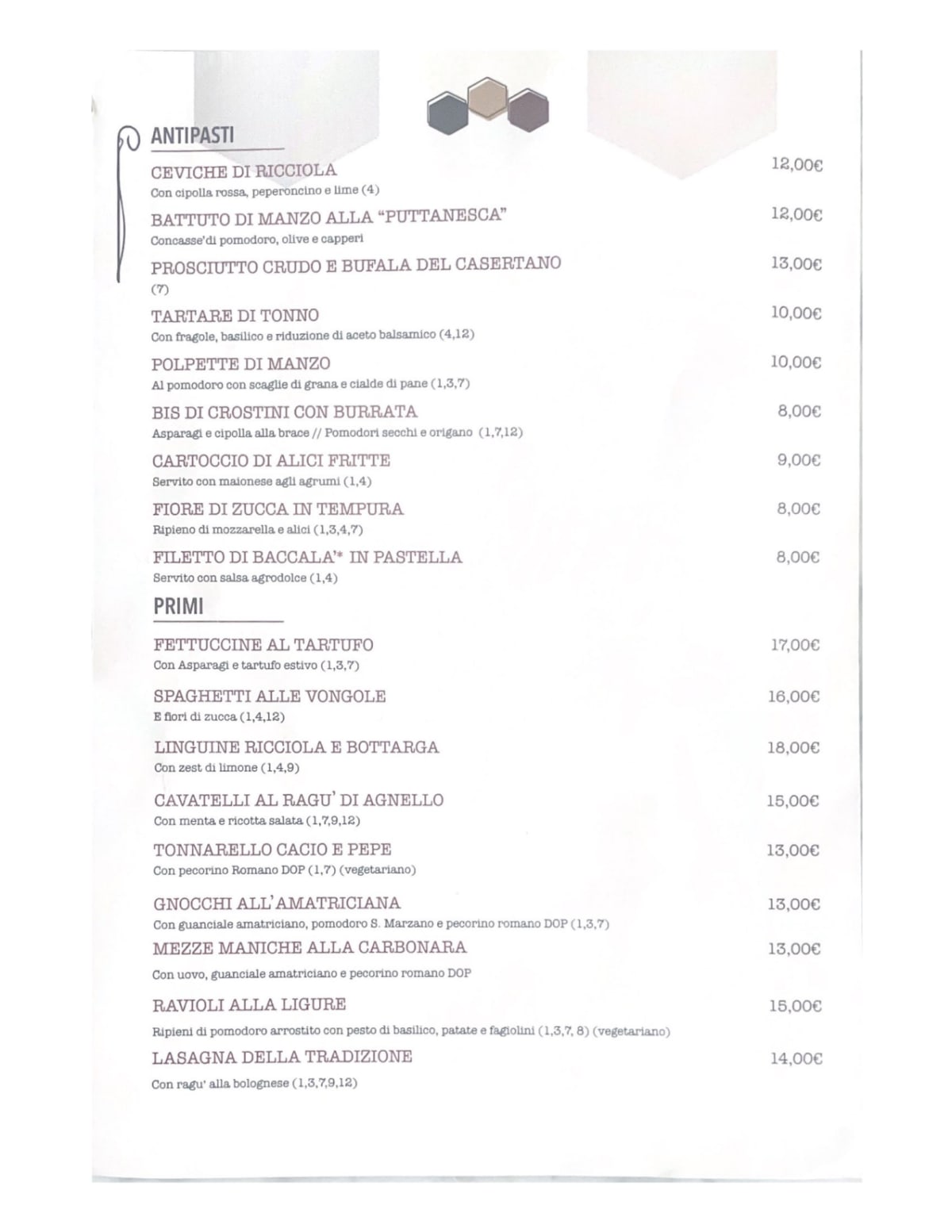 Centro Restaurant menu