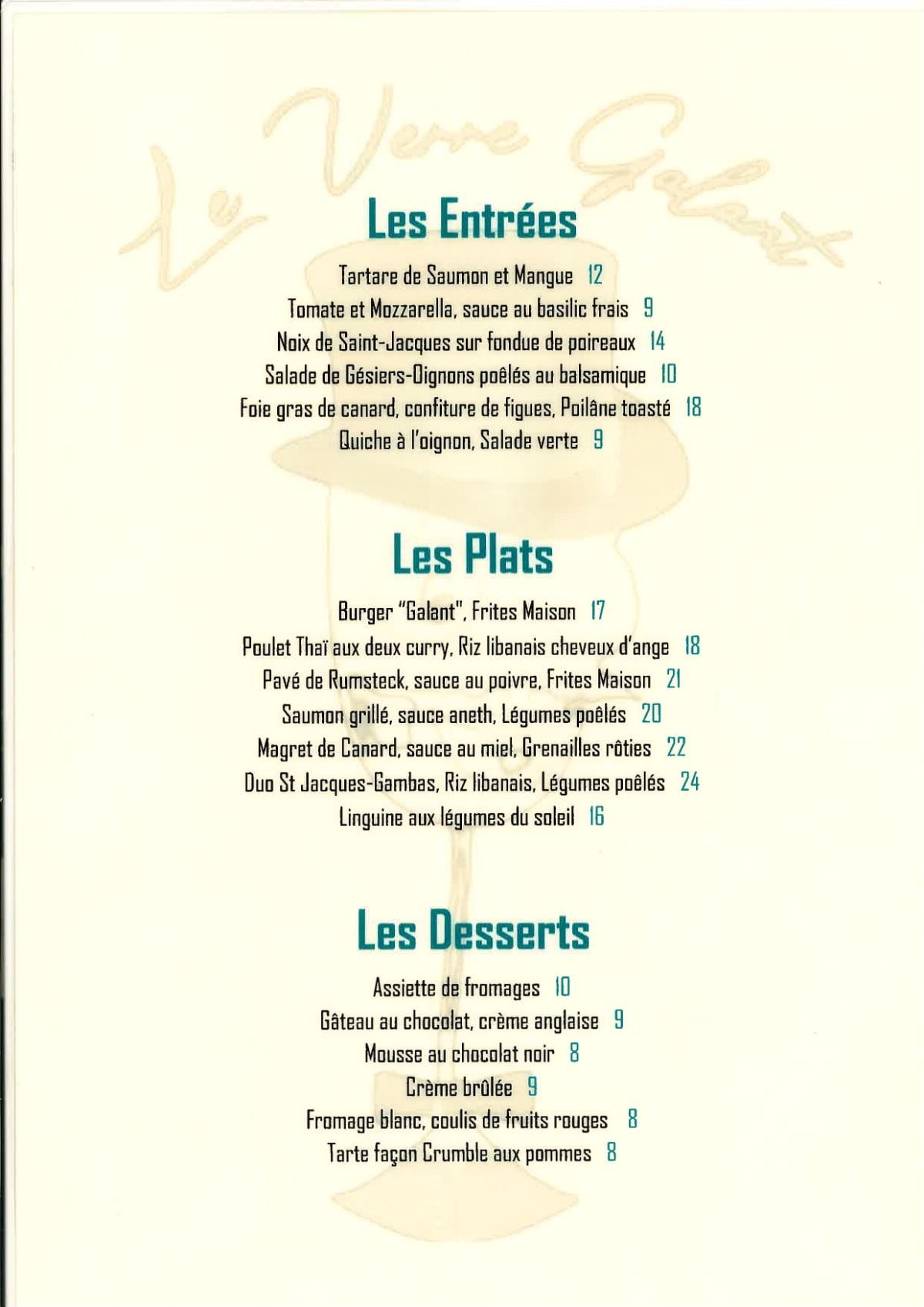 Le Verre Galant menu