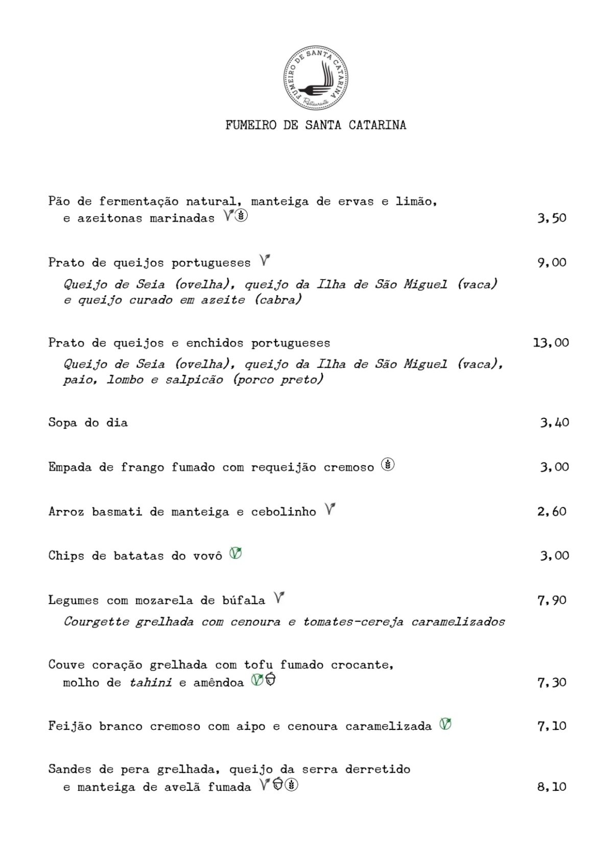 Fumeiro de Santa Catarina menu