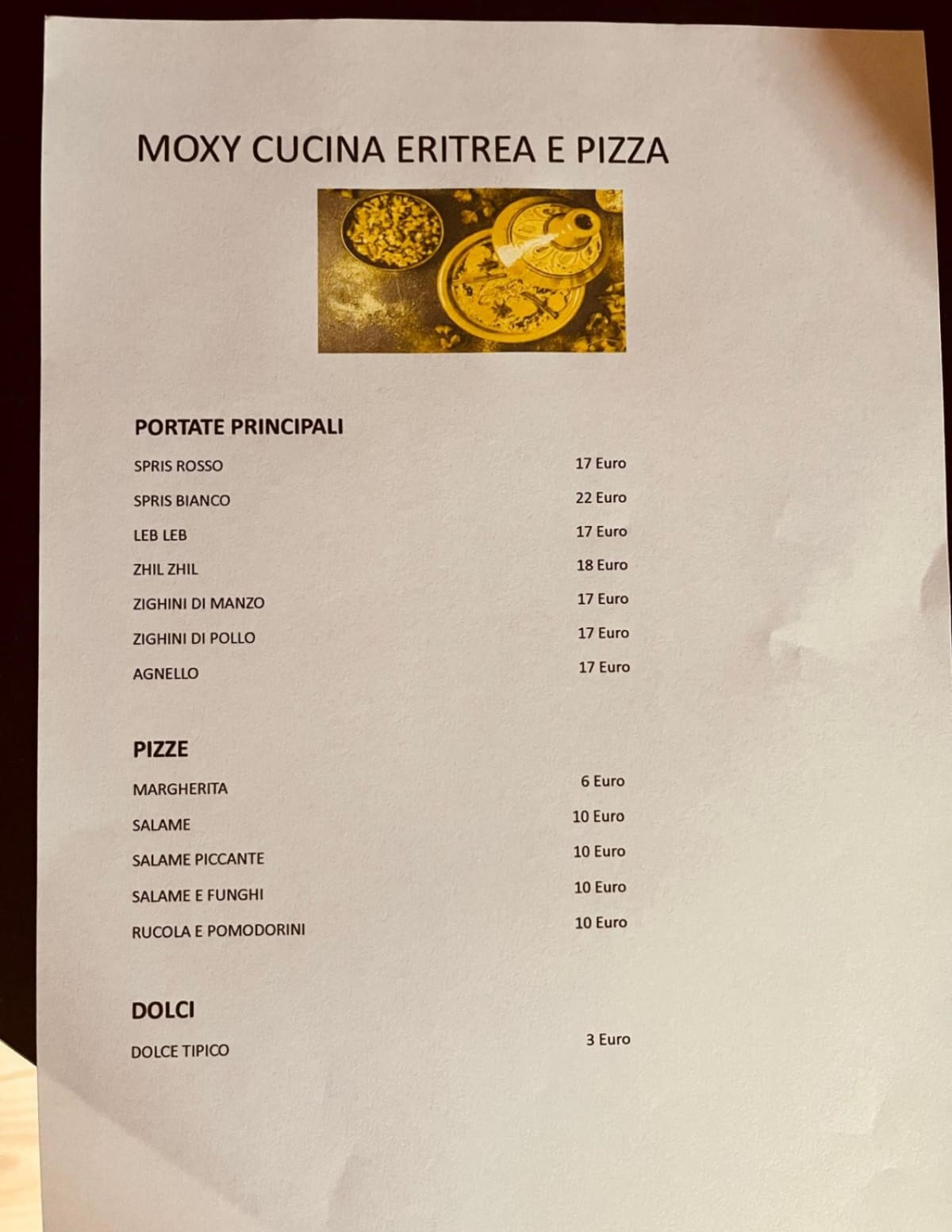 Moxy Eritrea e Pizza menu