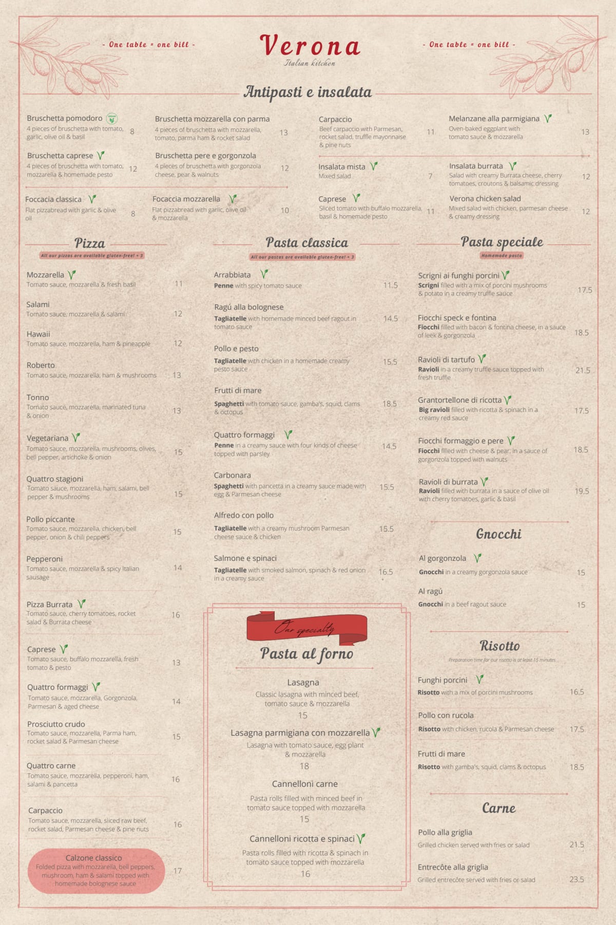 Verona Ristorante Italiano menu