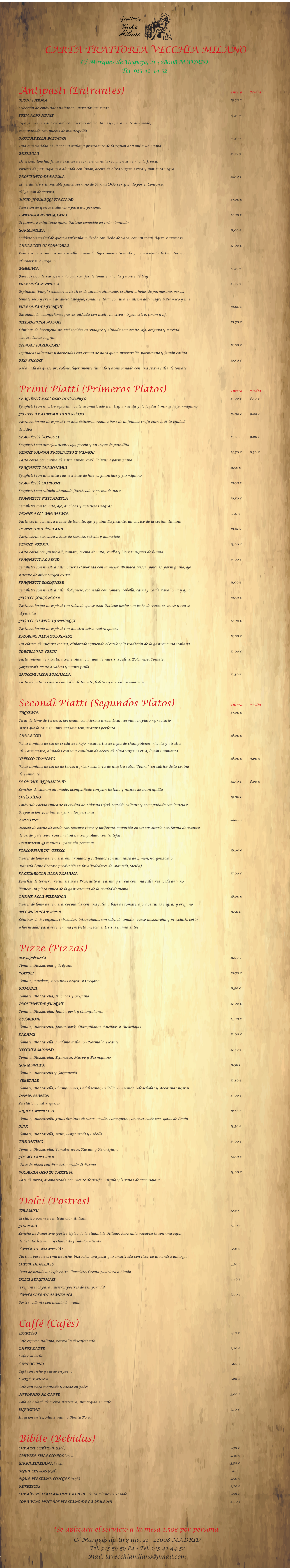 Trattoria Vecchia Milano menu