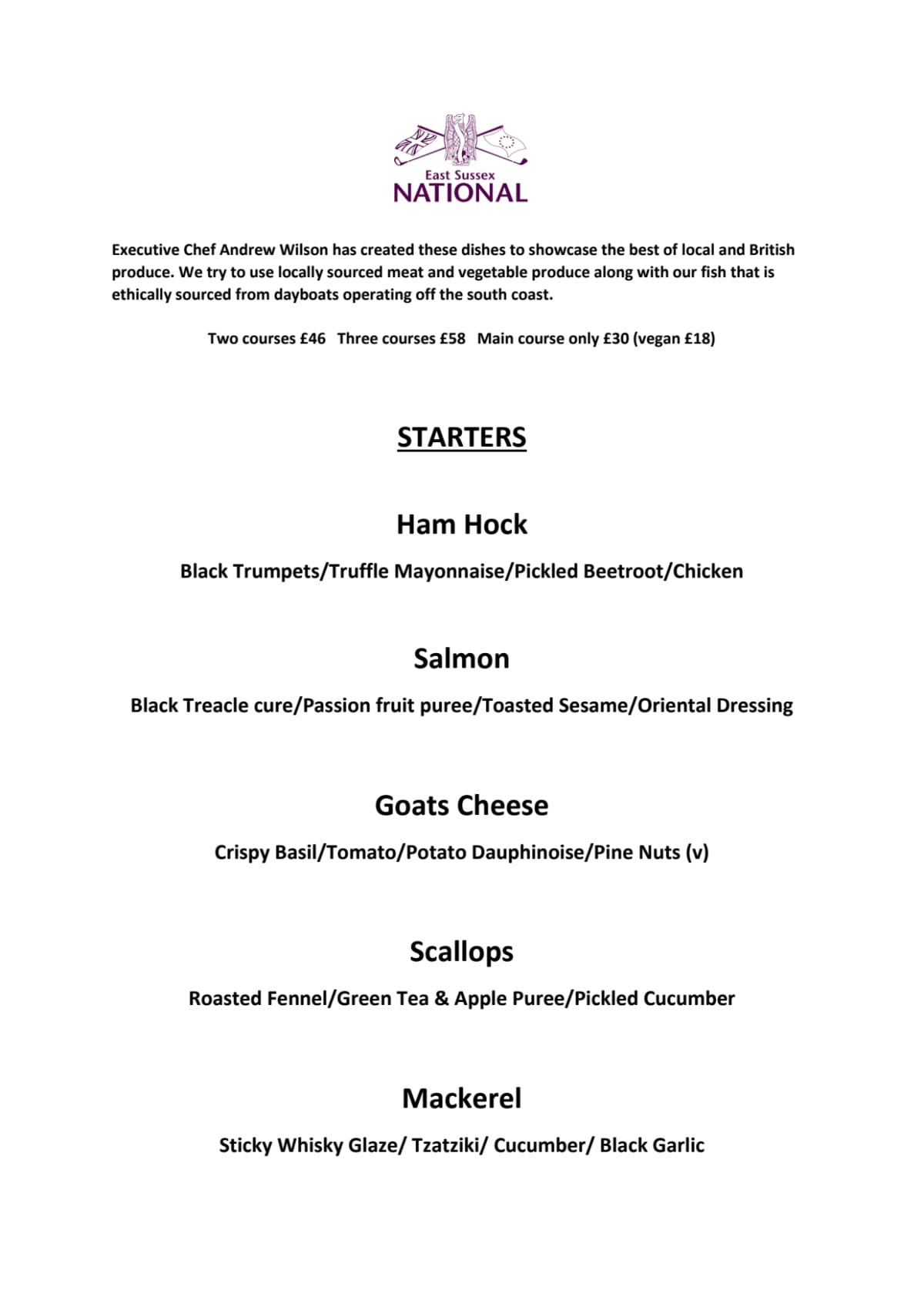 Menù completo e carta 2024 Restaurant at East Sussex National Resort