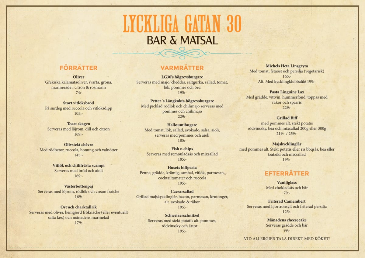 LG30/Lyckliga Gatan Bar & Matsal menu