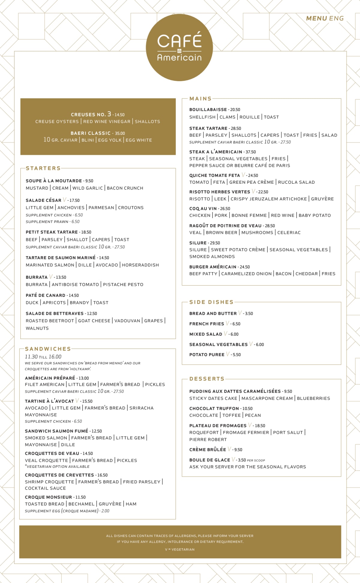 Café Américain menu