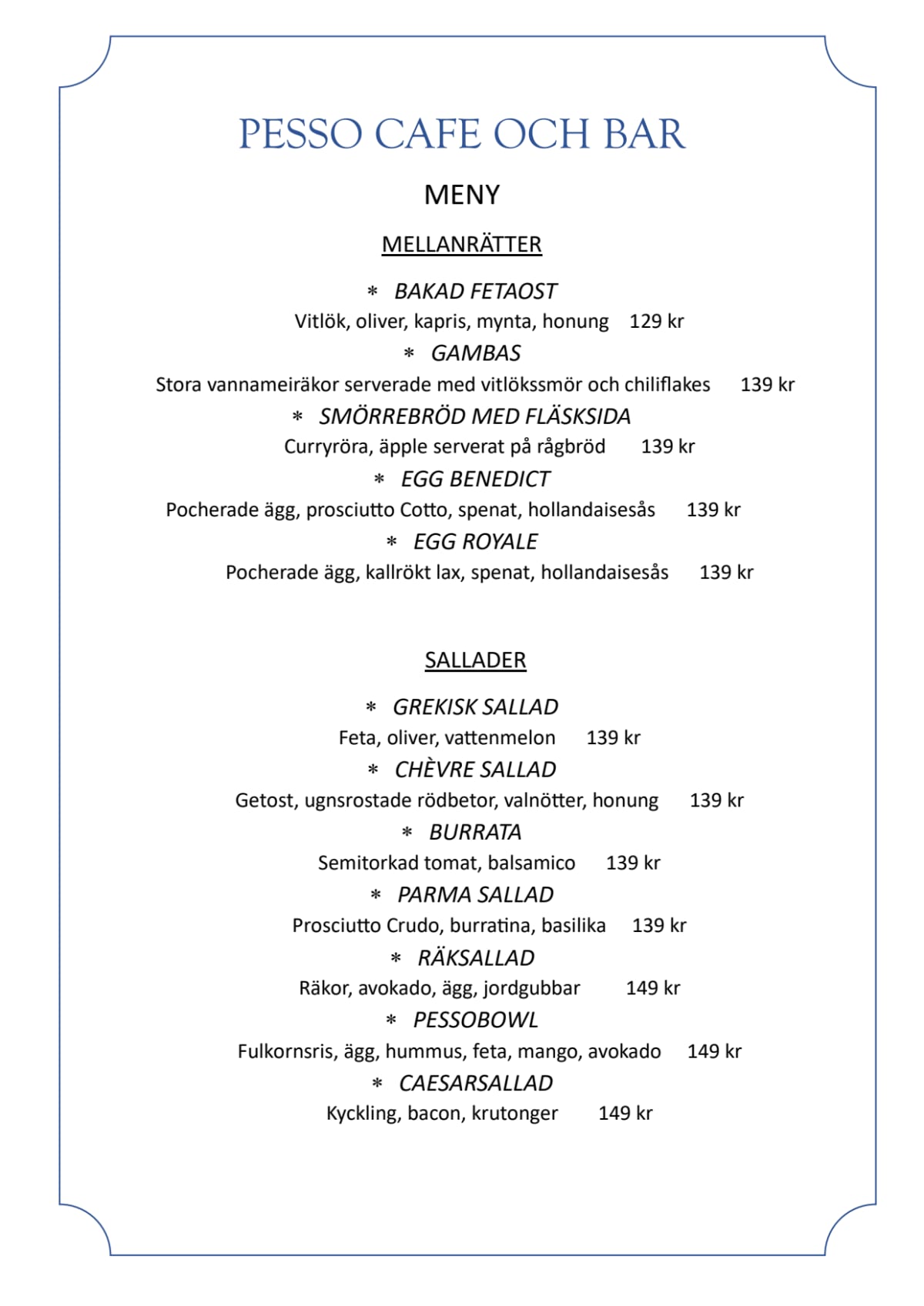 Pesso Cafe & Bar menu