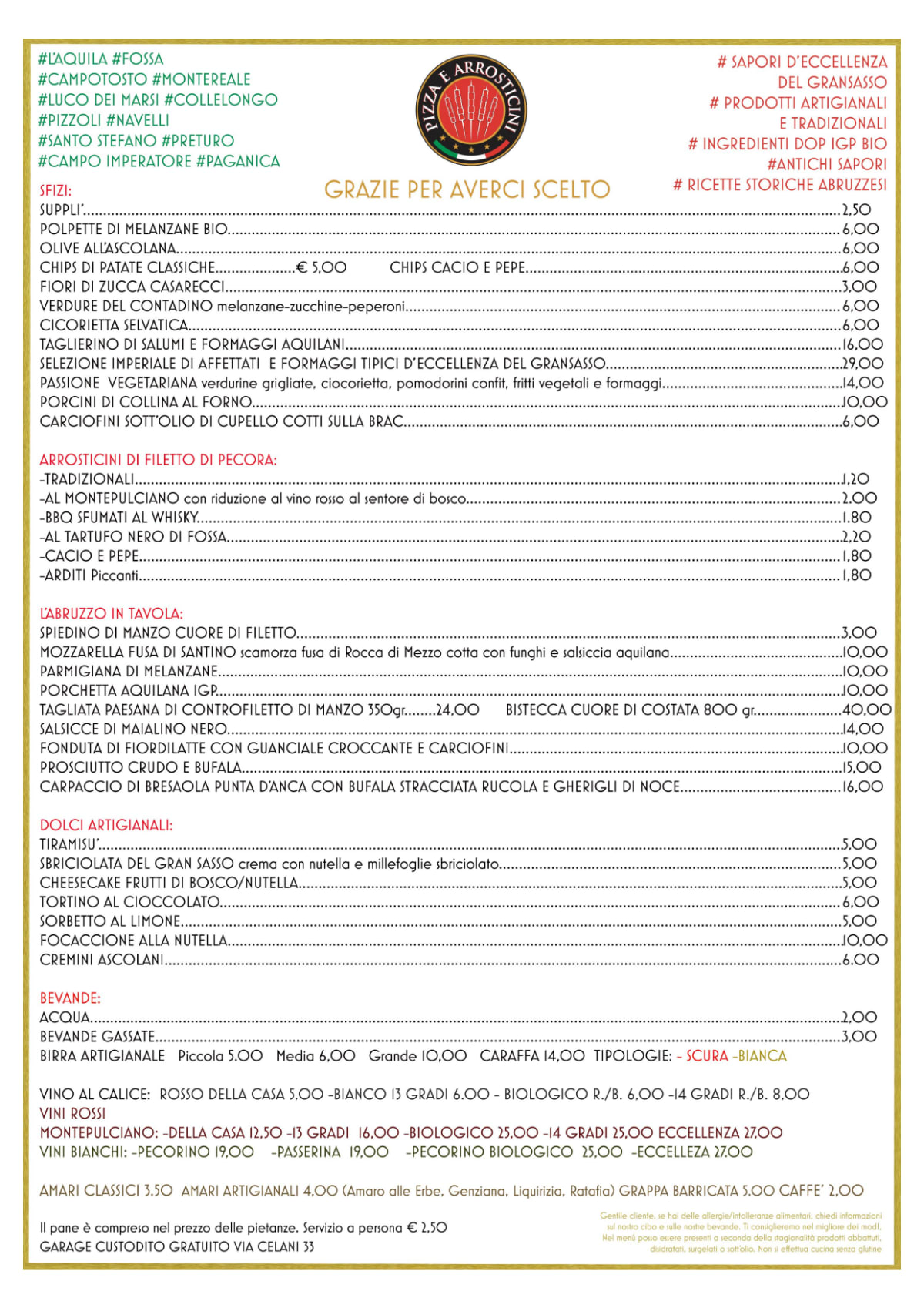 Pizza e Arrosticini menu