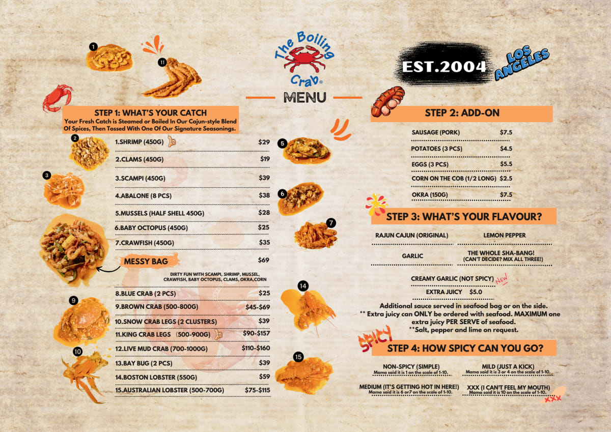 Carte et Menus 2024 The Boiling Crab Sydney CBD à Haymarket (NSW