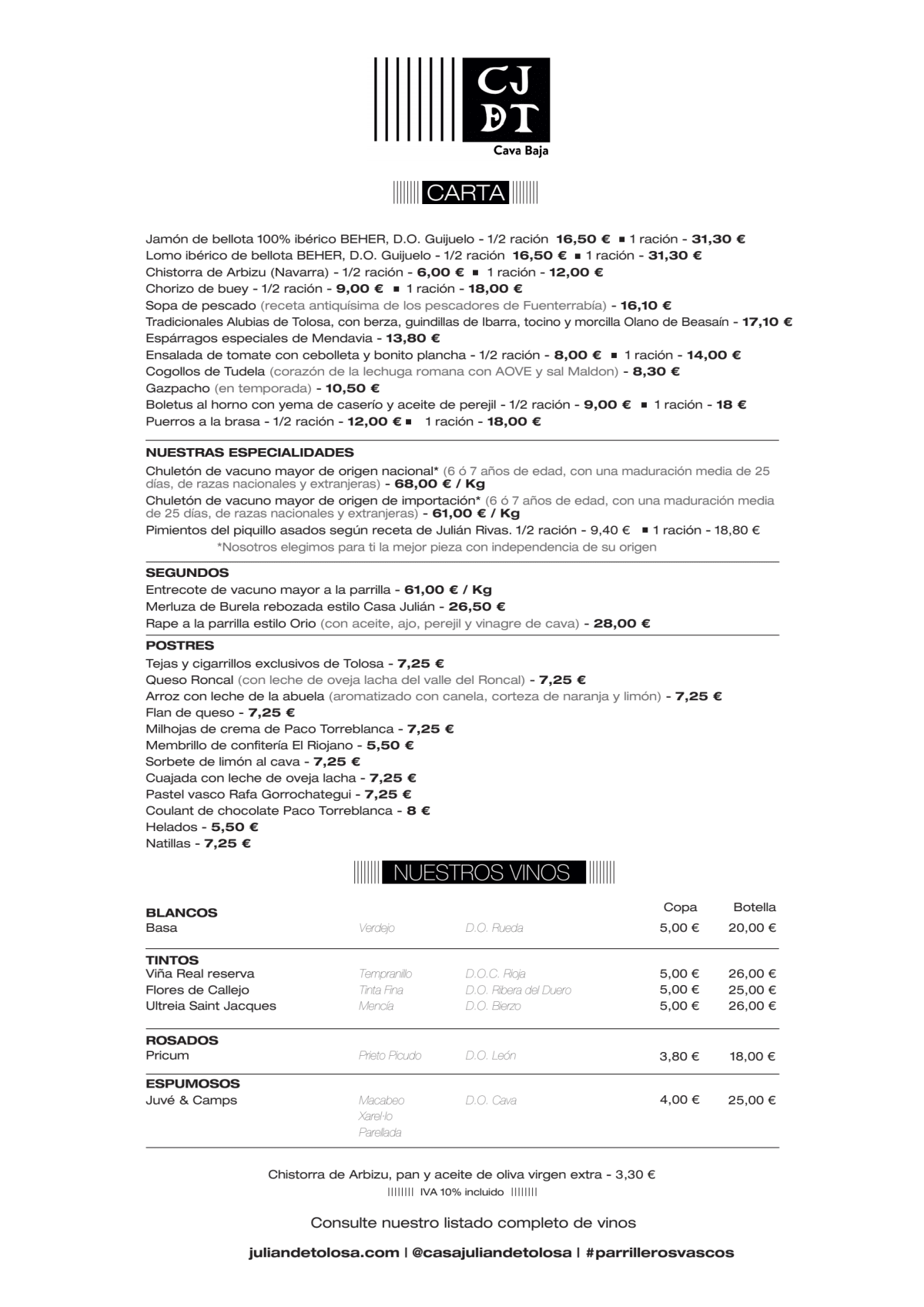 Casa Julián de Tolosa Cava Baja menu