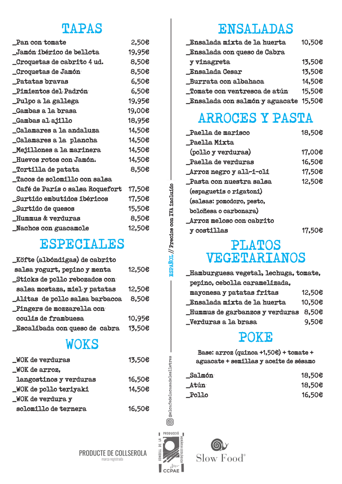 El Café de La Casa de les Lletres menu