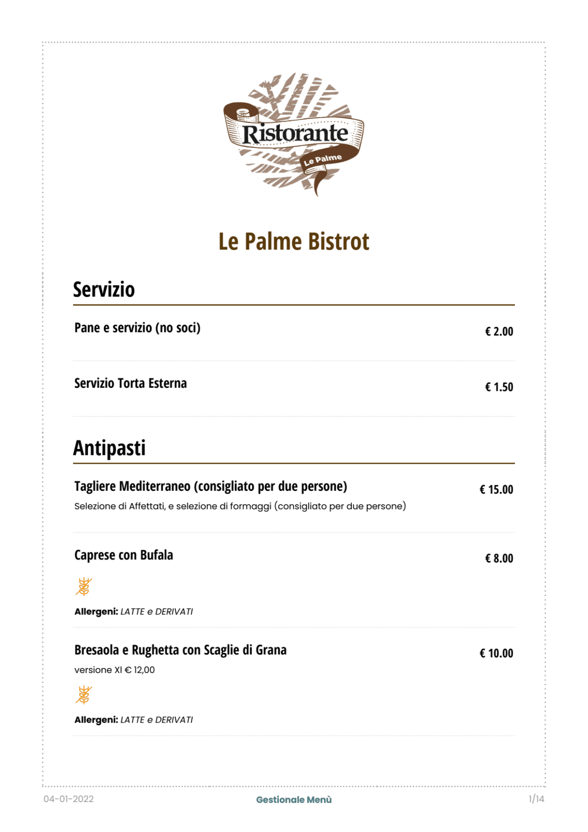 Le Palme Sporting Club menu